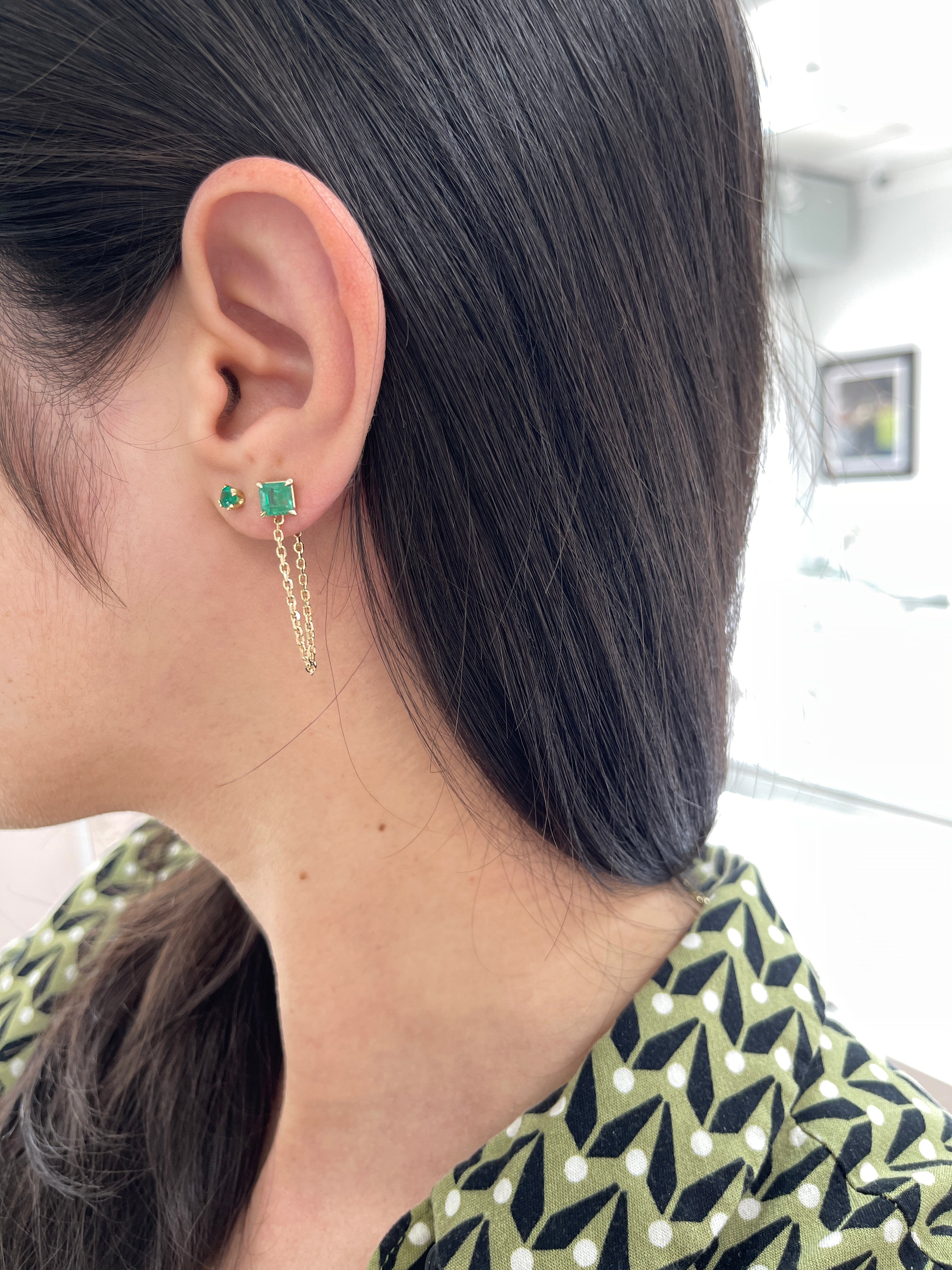 14K Single Emerald Chain Stud Earring- Asscher Cut