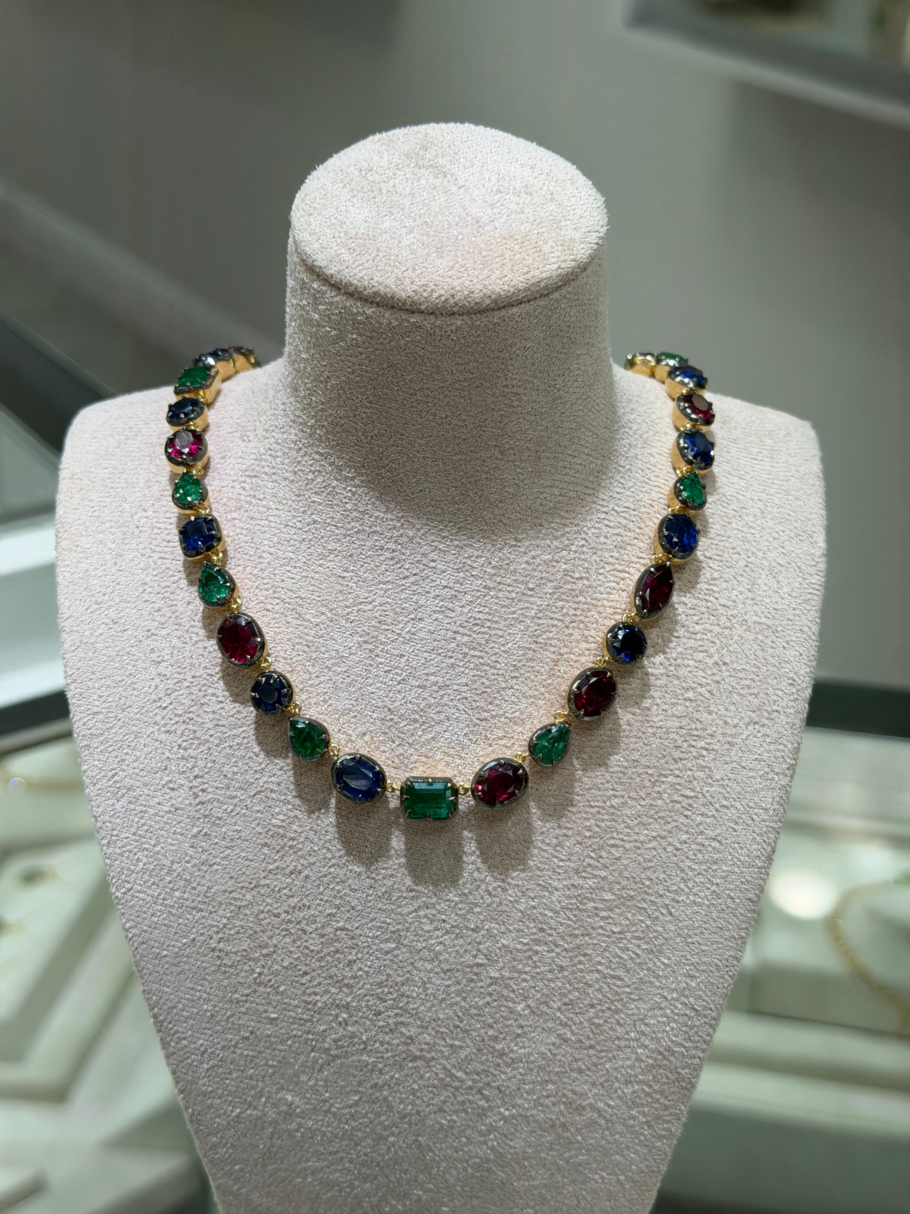 34.94tcw natural emerald, ruby, and kyanite mixed color cut necklace, 17-inch sterling silver from JR Colombian Emeralds.
