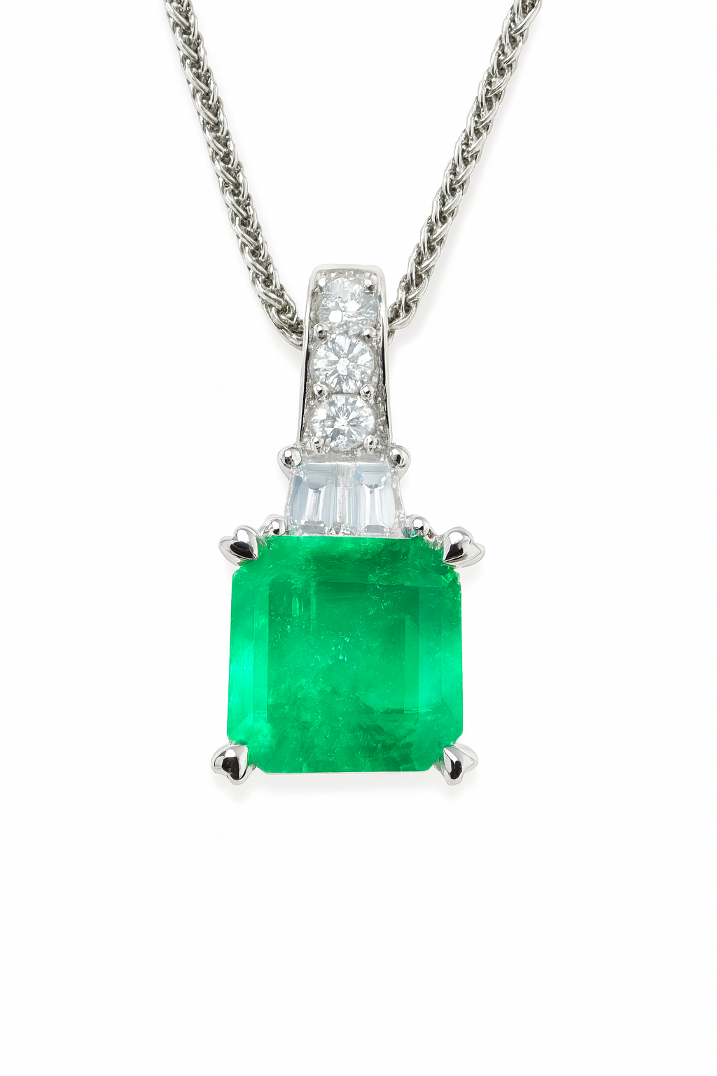 Asscher Cut Colombian Emerald and Diamond Pendant 18K White Gold Necklace - JR Colombian Emeralds
