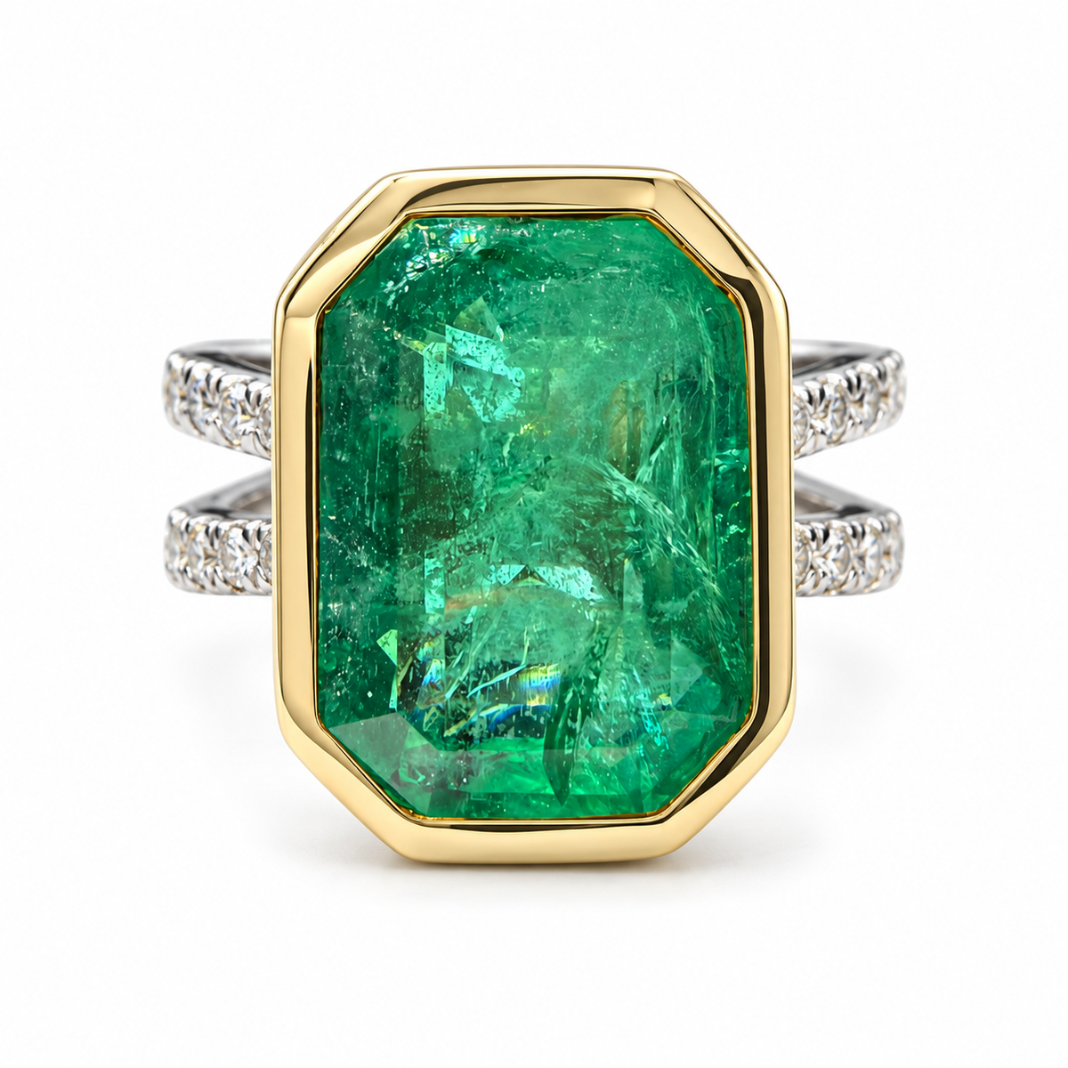 6.0tcw 14K Bezel Set Natural Emerald & Diamond Split Shank in Platinum Ring