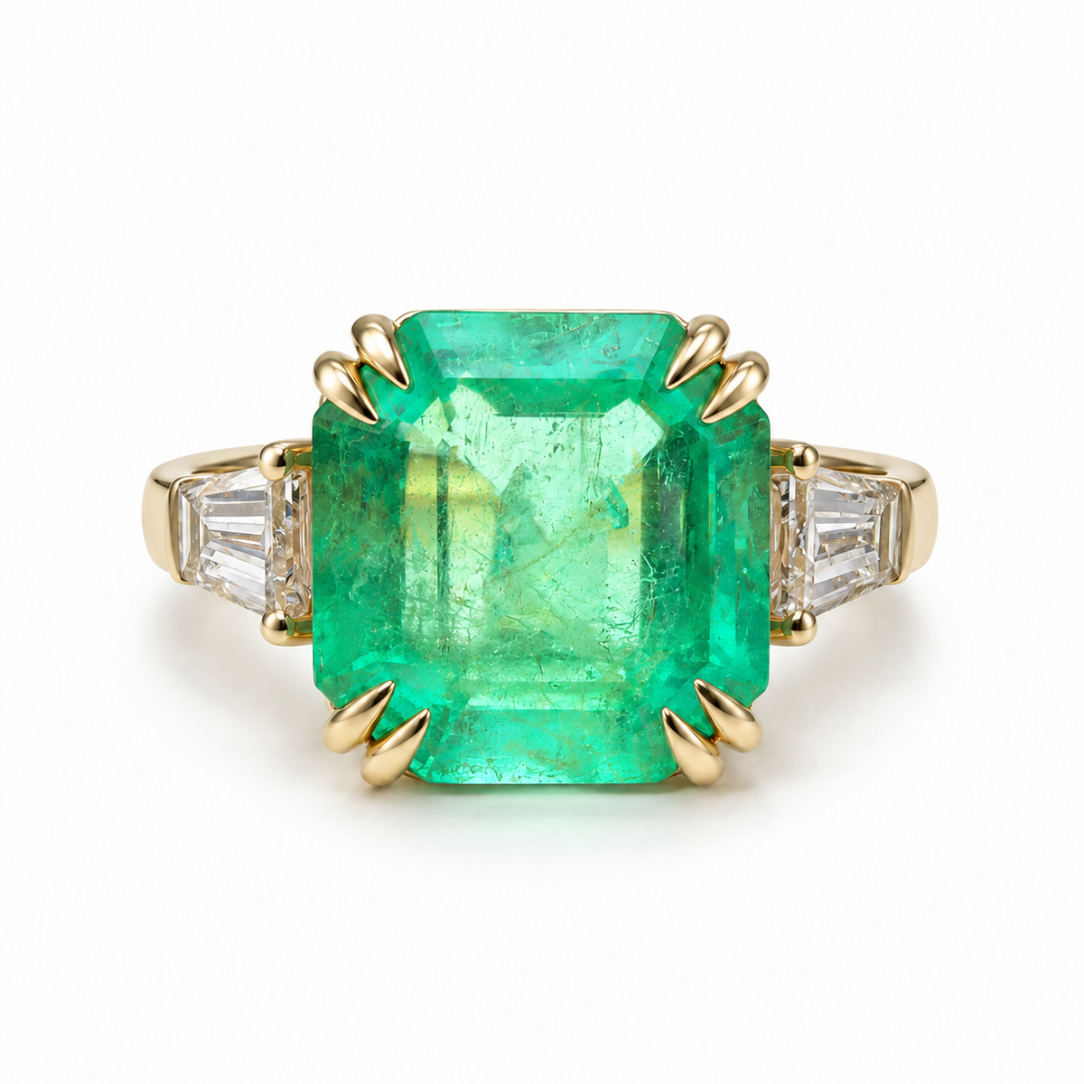 4.88tcw 18K Double Claw Asscher Cut Colombian Emerald & LAB Baguette Diamond Three Stone Ring