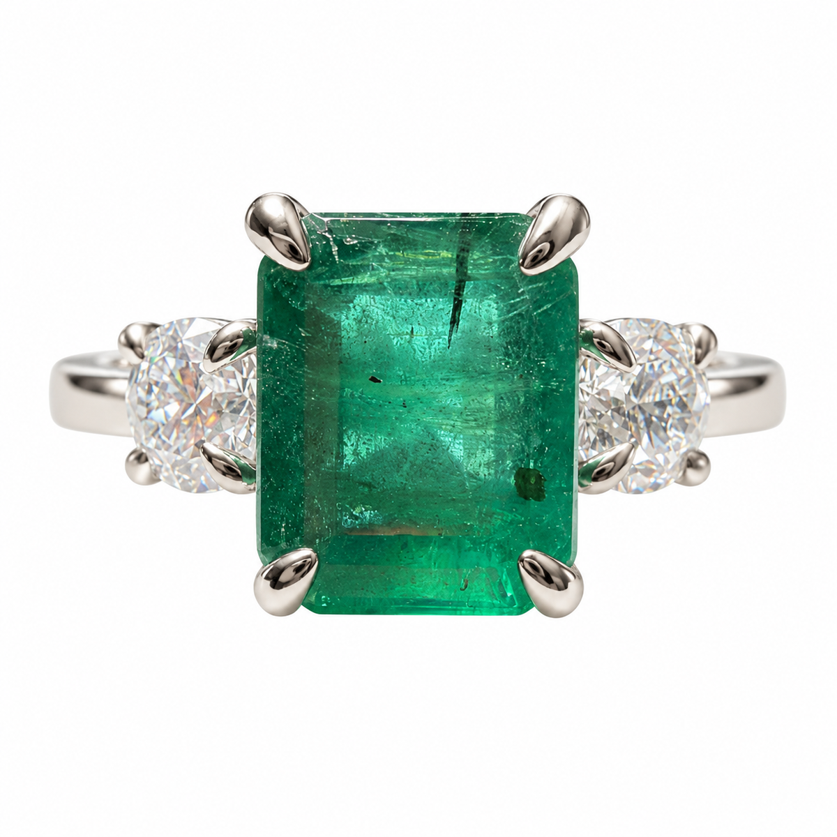 5.54tcw 14K Classic Emerald Cut Emerald & Round Lab Diamond Three Stone Ring in White Gold