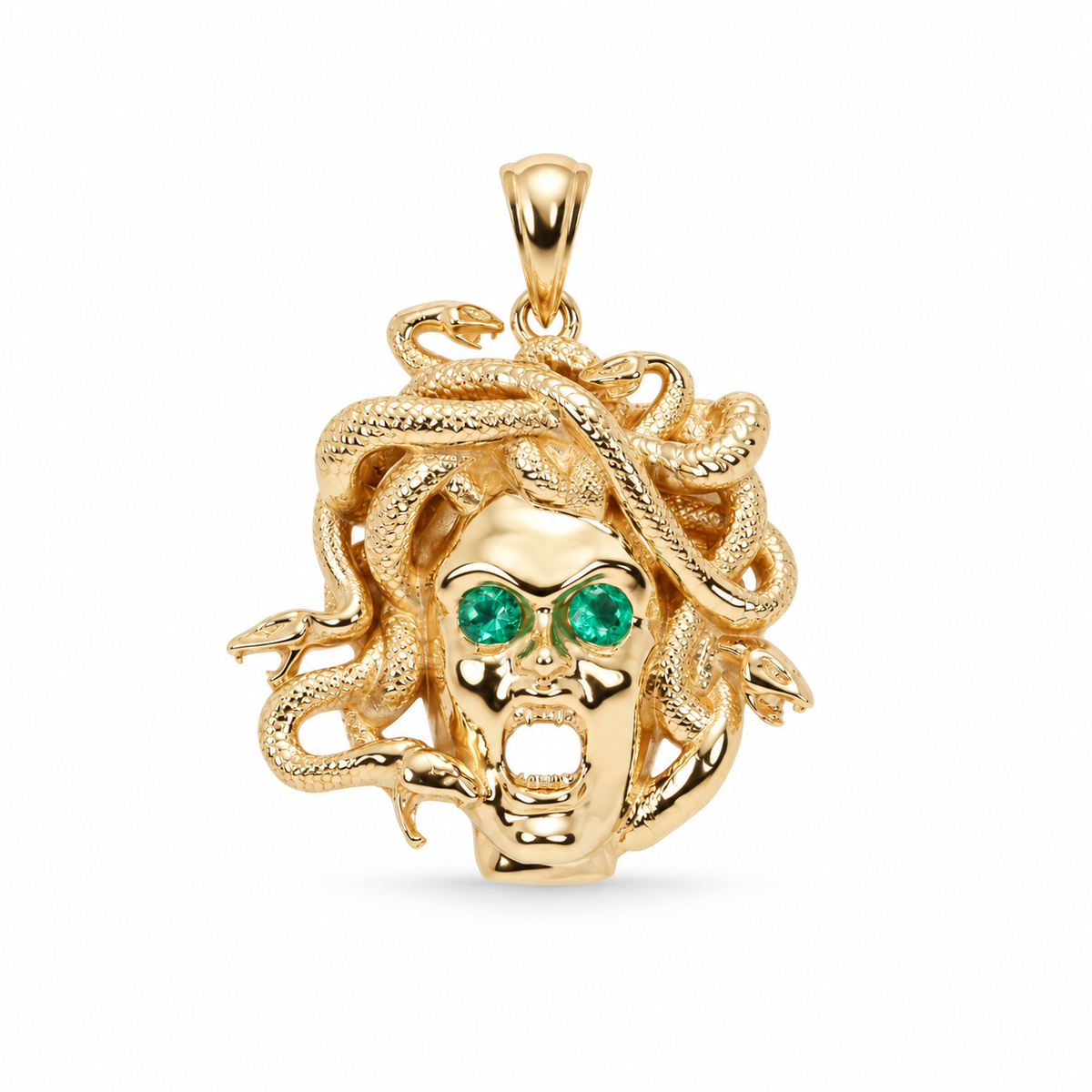 0.12tcw Solid Gold Emerald Medusa Sneak Head Pendant 14K