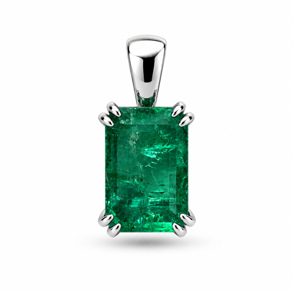 4.42ct Platinum Jungle Green Emerald Cut Emerald Solitaire Double Claw Prong Necklace