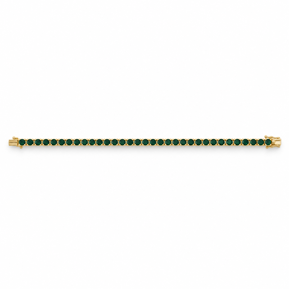 Natural dark green emerald tennis bracelet with 4.67tcw stones set in 14K gold, 7-inch length from JR Colombian Emeralds.