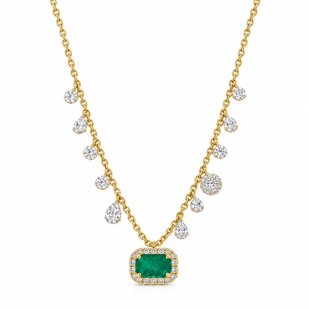 14K natural emerald and diamond fringe necklace from JR Colombian Emeralds featuring a pendant with emerald and diamond charms.