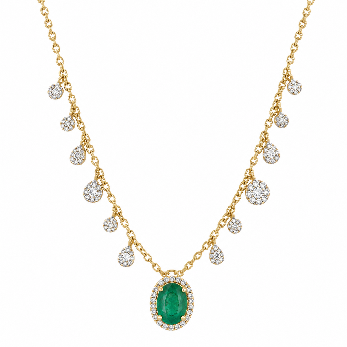 14K gold oval emerald and diamond fringe necklace featuring pave charm, crafted by JR Colombian Emeralds.
