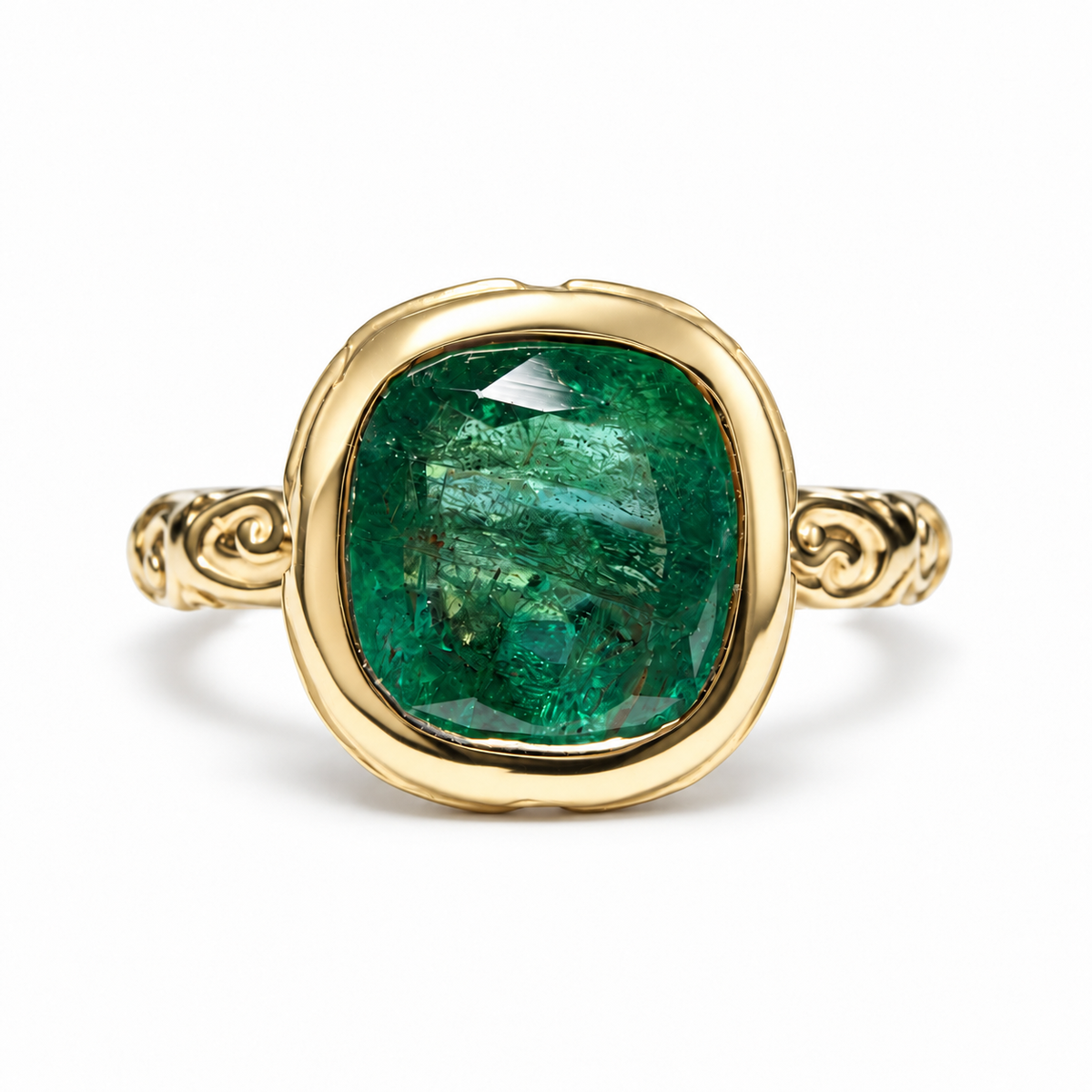 2.80ct 14K Rich Dark Green Cushion Cut Emerald Solitaire Floral Etching Gold Ring