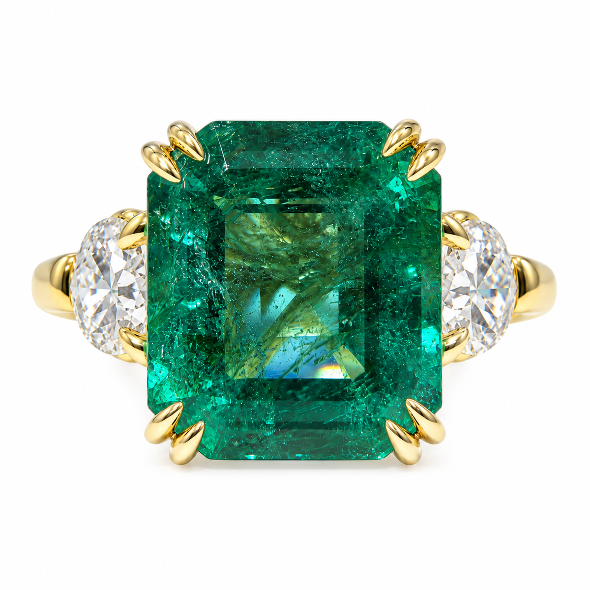 9.98tcw 18K Large Asscher Cut Emerald & Old European Cut Diamond Three Stone Ring