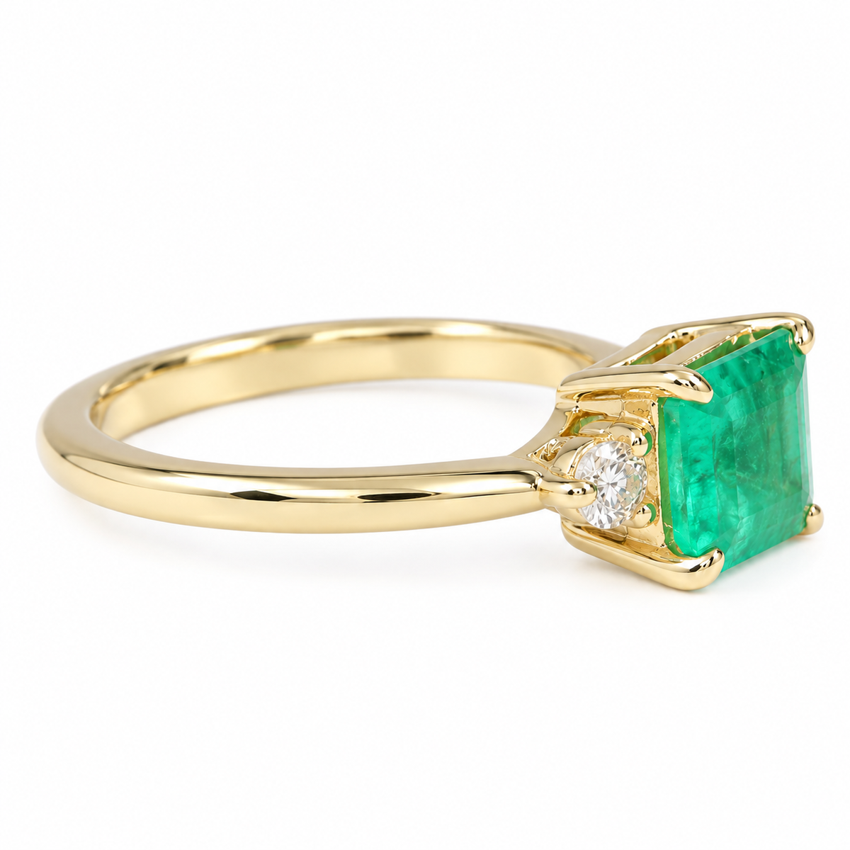 1.96tcw Three Stone Emerald & Round Diamond Ring 14K
