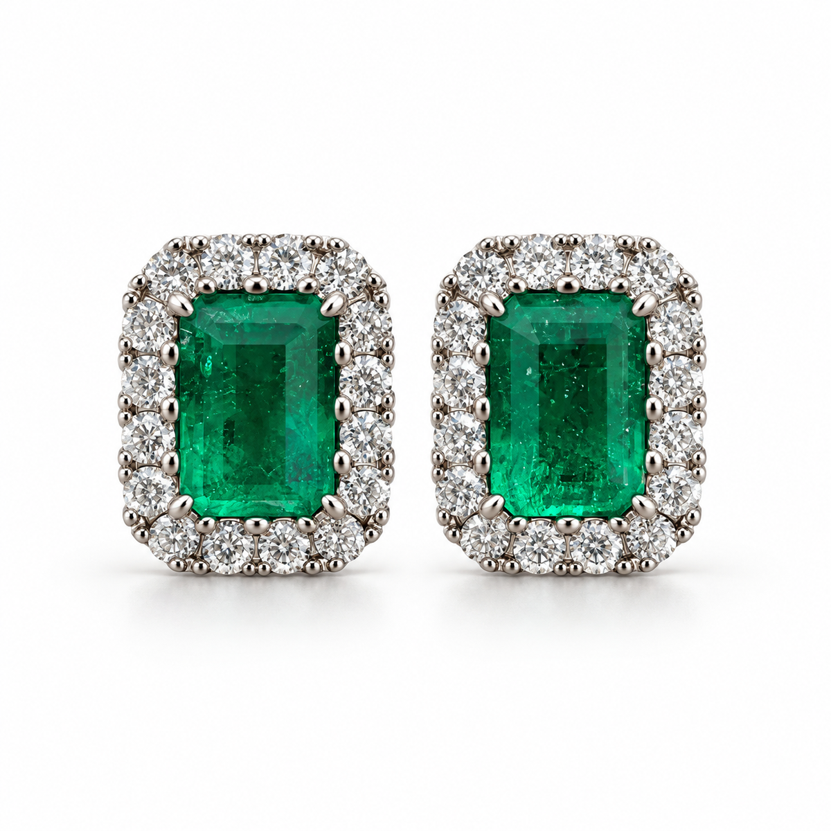 1.68tcw 18K Rich Green Natural Colombian Emerald & Diamond Halo Stud Earrings White Gold