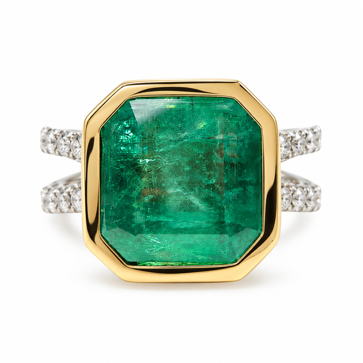 4.60tcw 14K Bezel Set Asscher Emerald & Diamond Split Shank in Platinum Ring