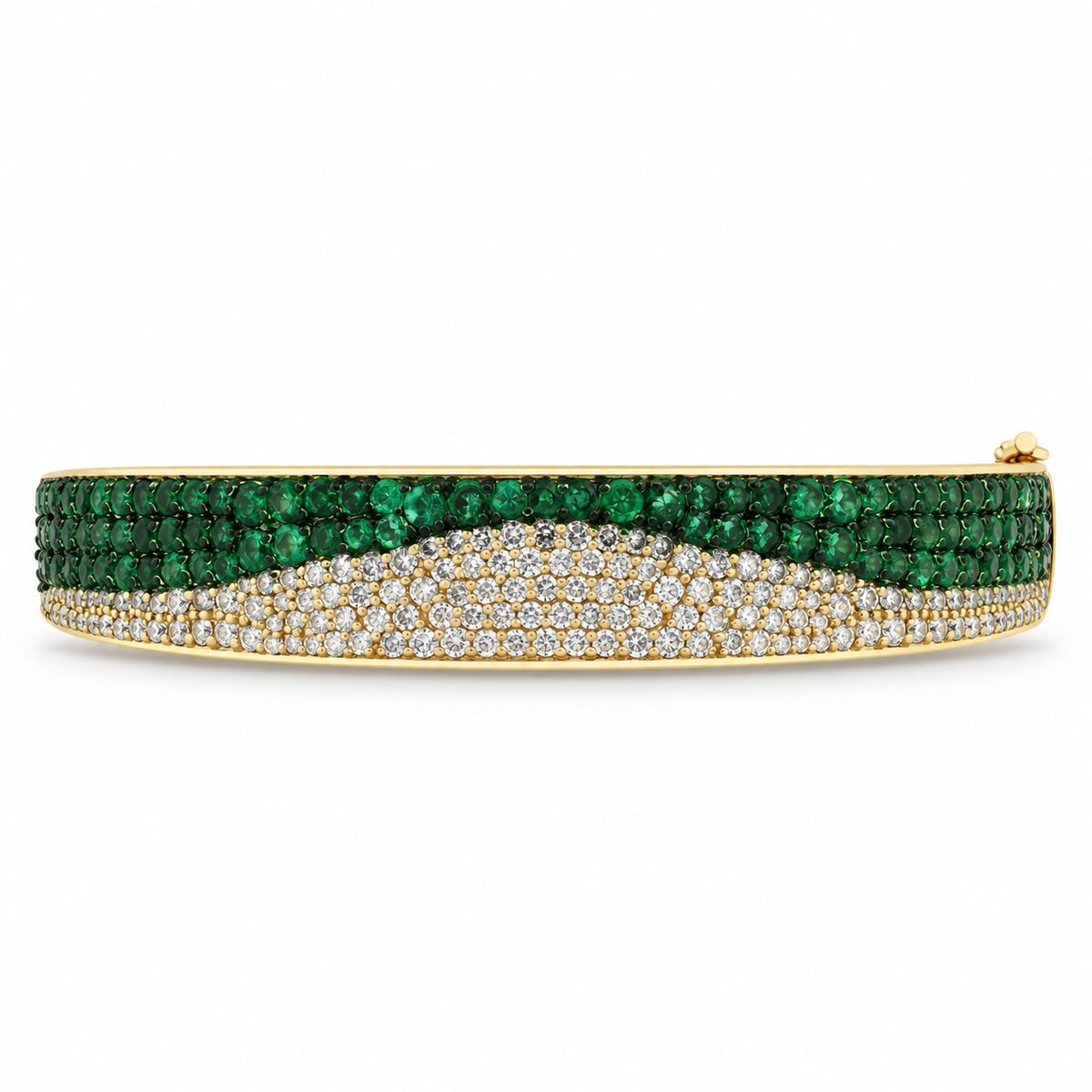 14K gold emerald and diamond ombre bangle bracelet with black and green rhodium, featuring natural emeralds and sparkling diamonds.