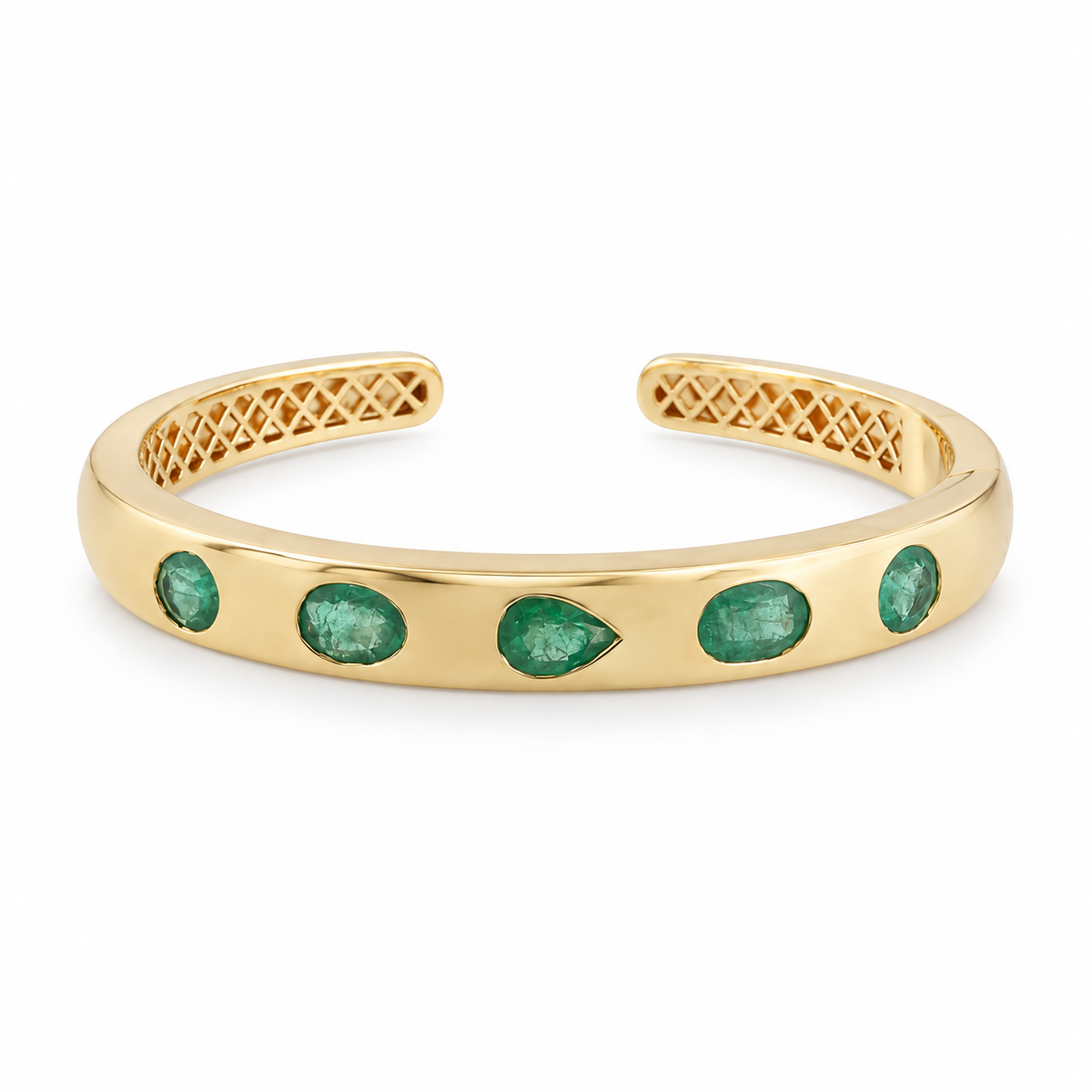 14K gold bangle bracelet with 5.66tcw natural green pear and oval cut emeralds, bezel set in a lattice design by JR Colombian Emeralds.