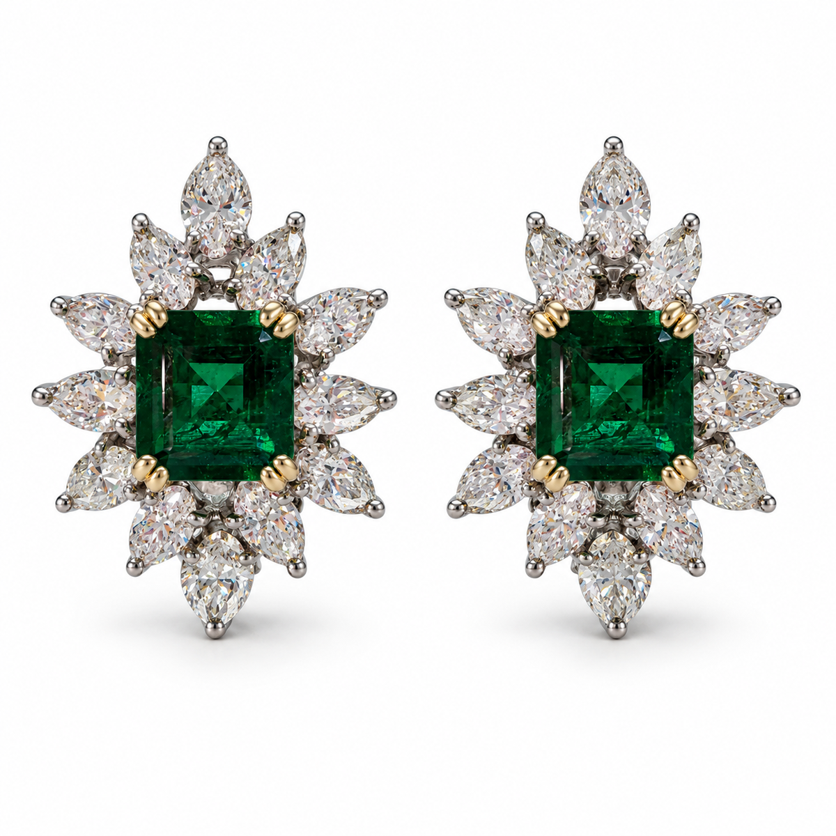 7.92tcw 18K AAA+ Rich Emerald & Diamond Starburst Cocktail Earrings