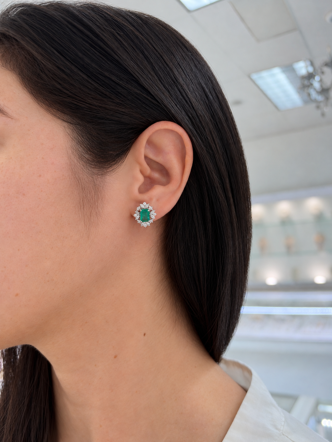 2.67tcw 14K Natural Emerald Cut Emerald & Marquise Diamond Halo Studs
