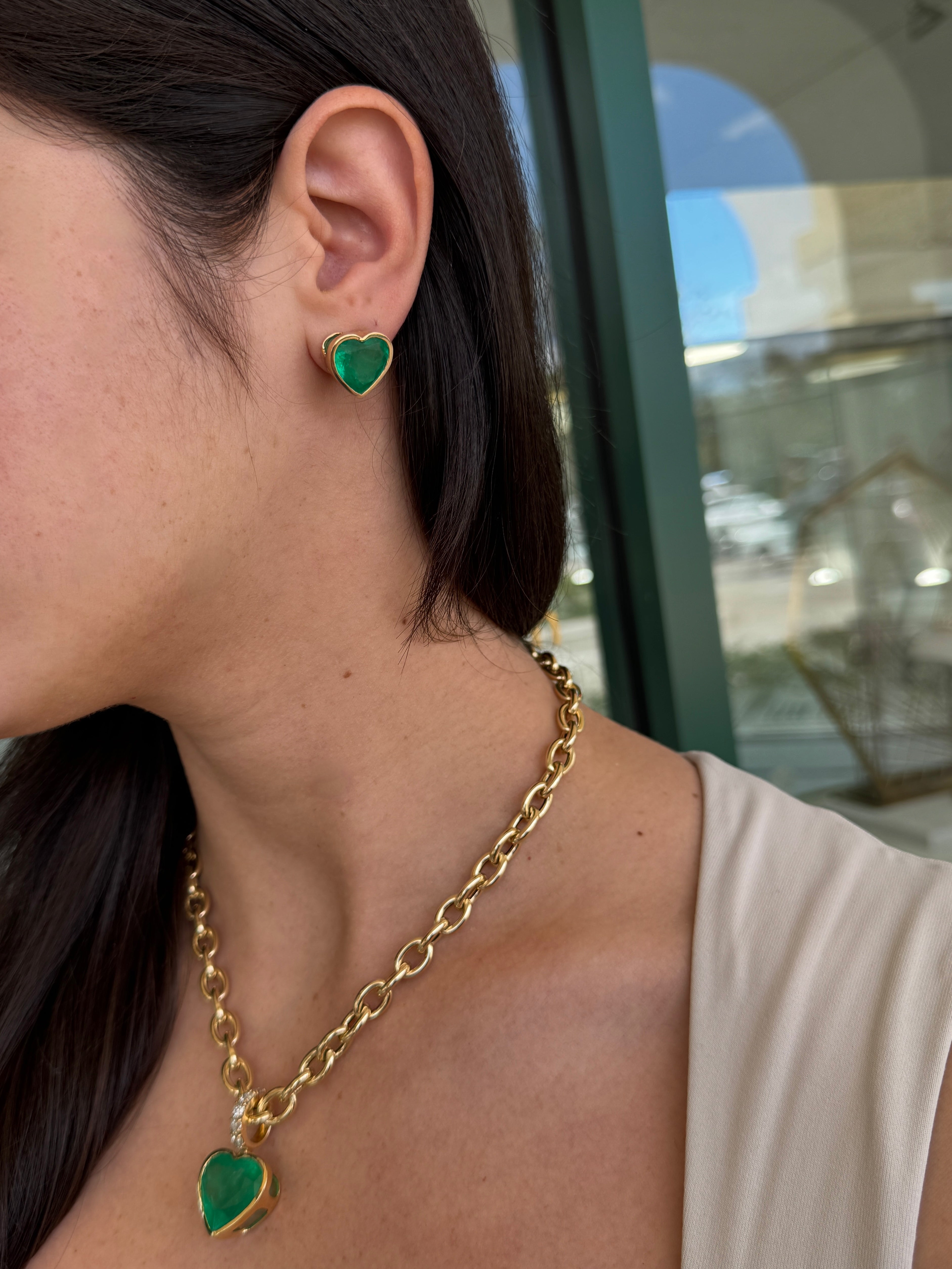 13.60tcw AAA Vivid Colombian Emerald Bezel Set Heart Studs 18K