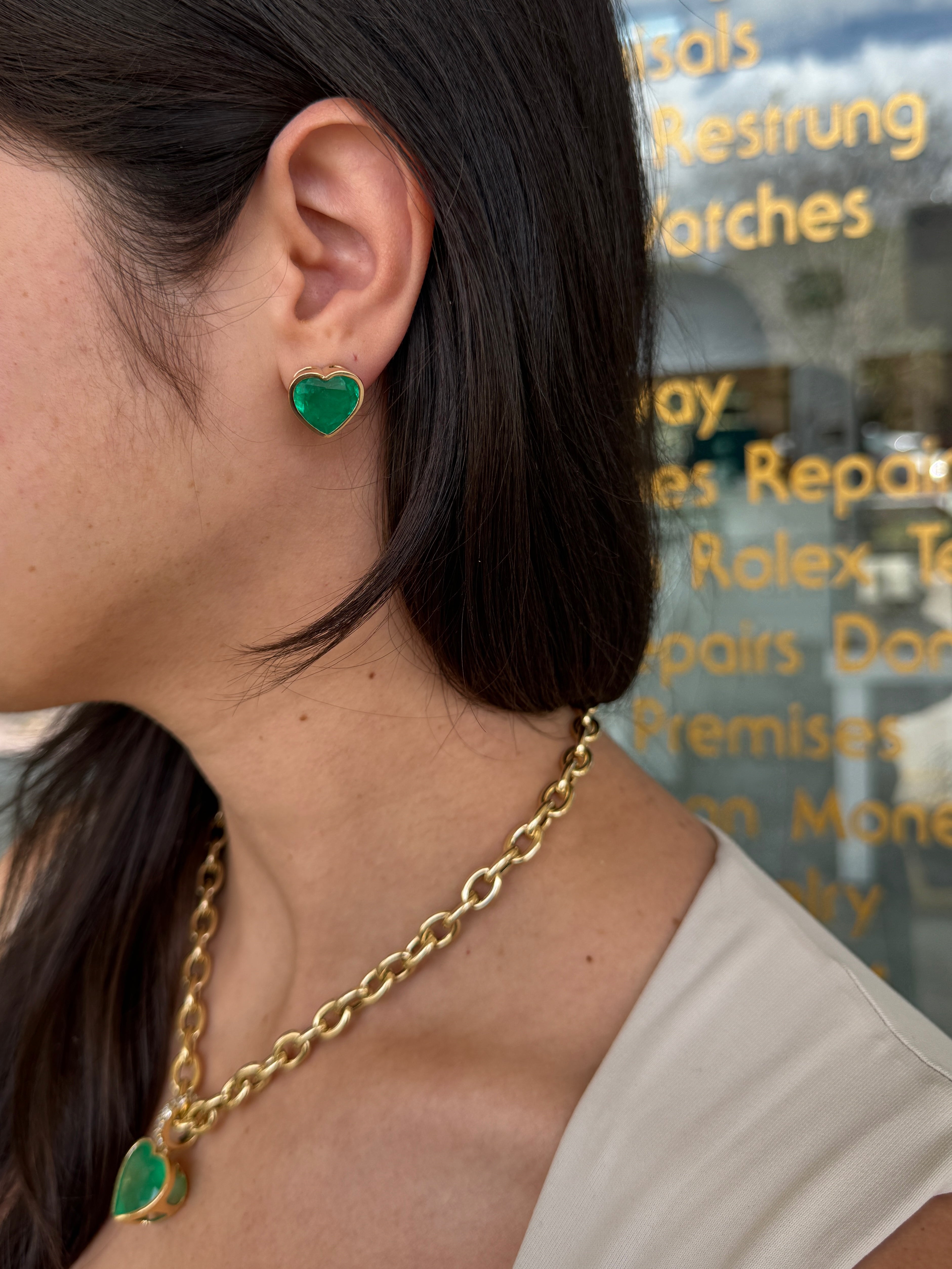 13.60tcw AAA Vivid Colombian Emerald Bezel Set Heart Studs 18K