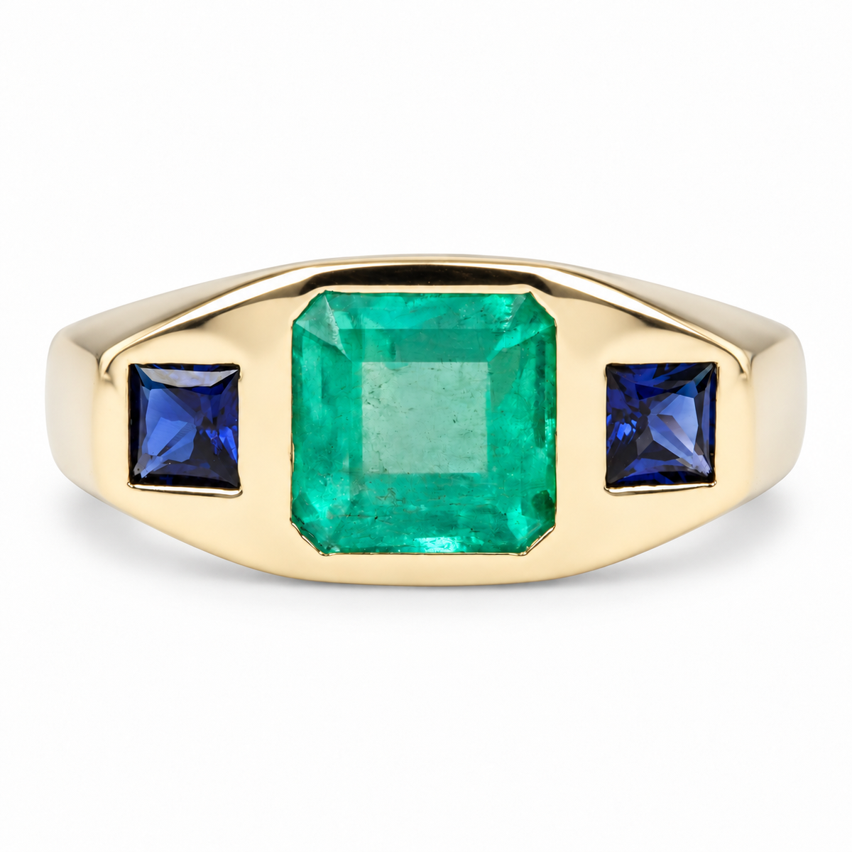 2.50tcw Three Stone Square Emerald & Blue Sapphire Bezel Gypsy Ring 14K