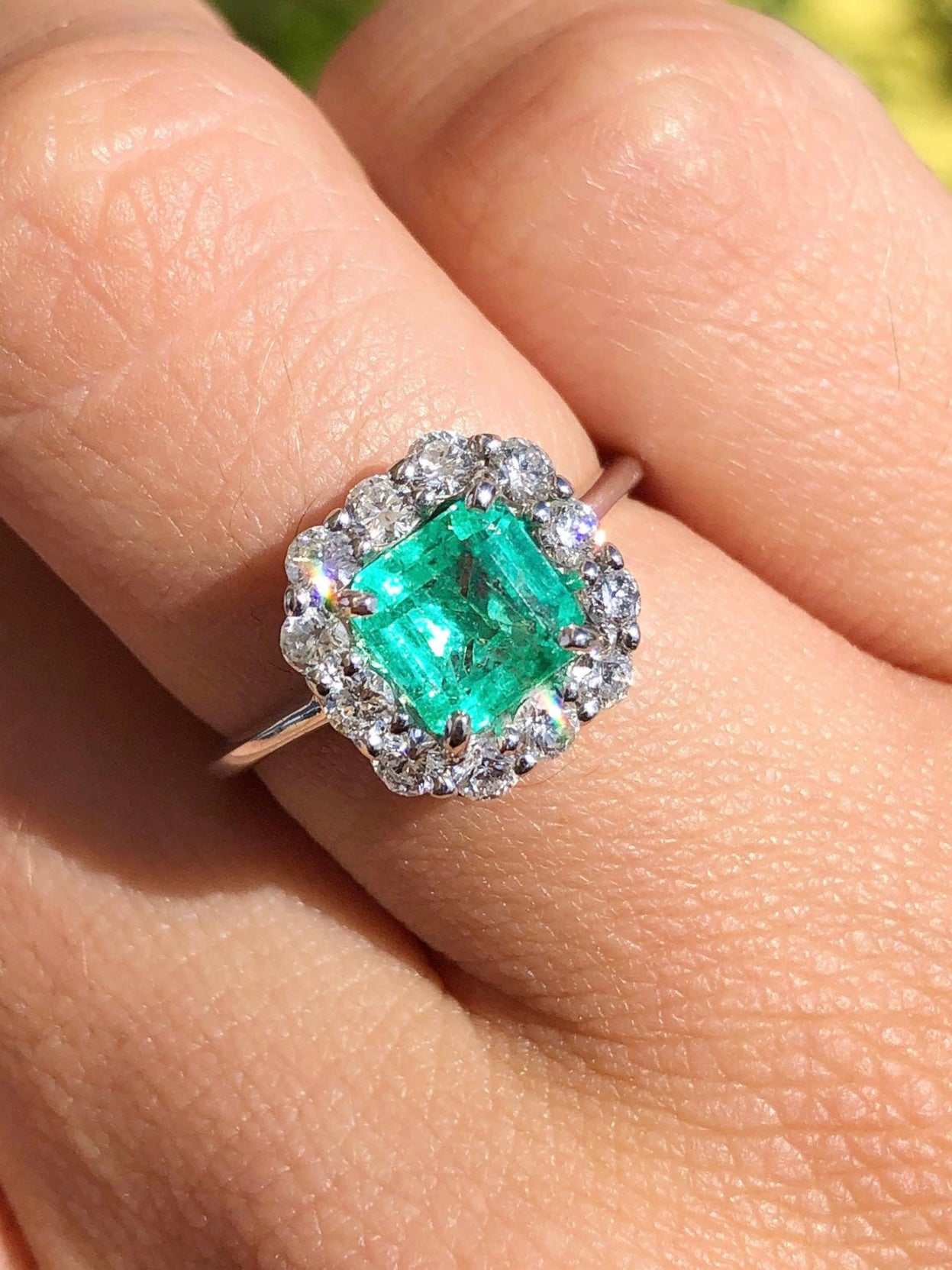 2.70tcw Asscher Cut Colombian Emerald & French Set Halo Engagement Ring 14K