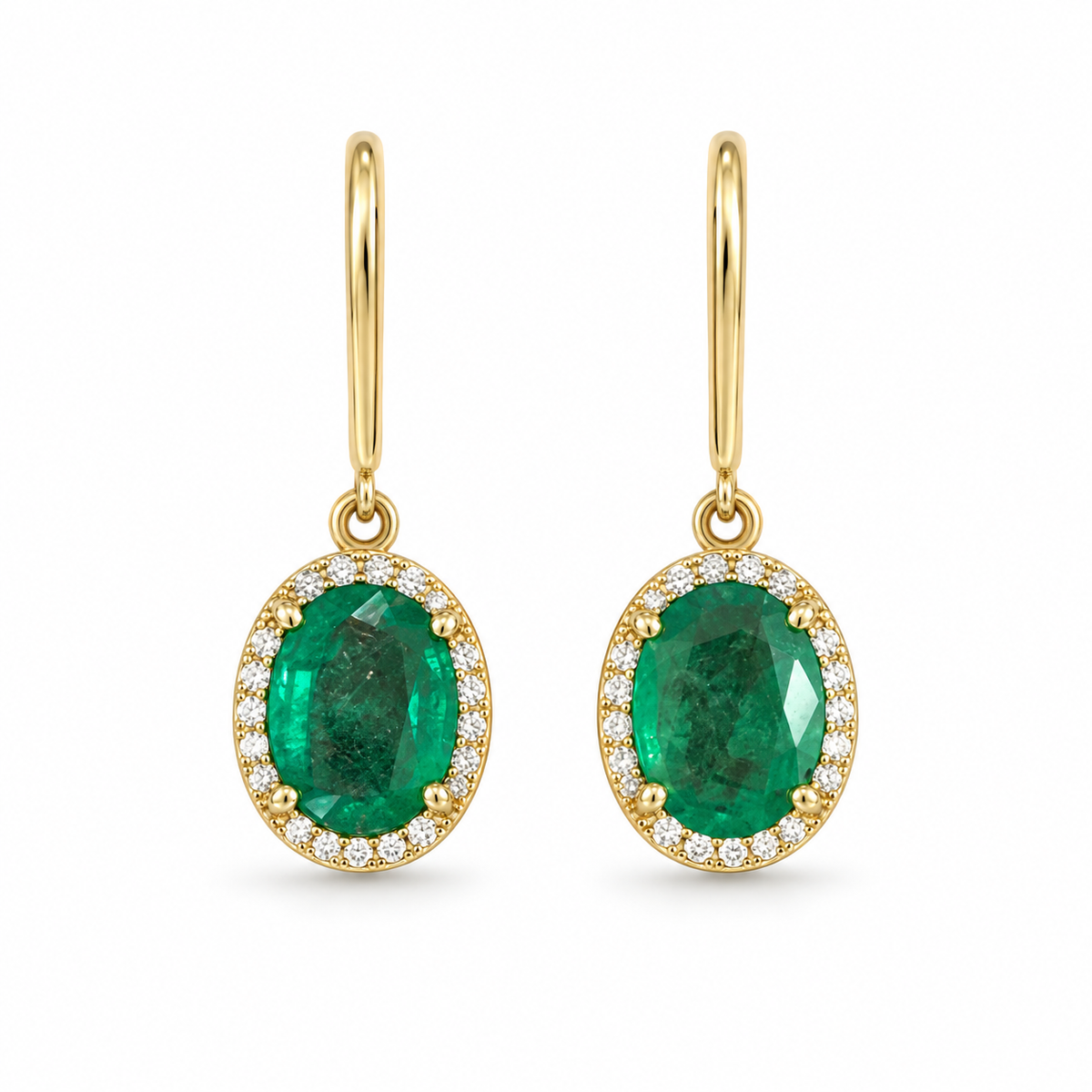2.90tcw 14K Natural Oval Emerald & Diamond Bishop Hook Earrings