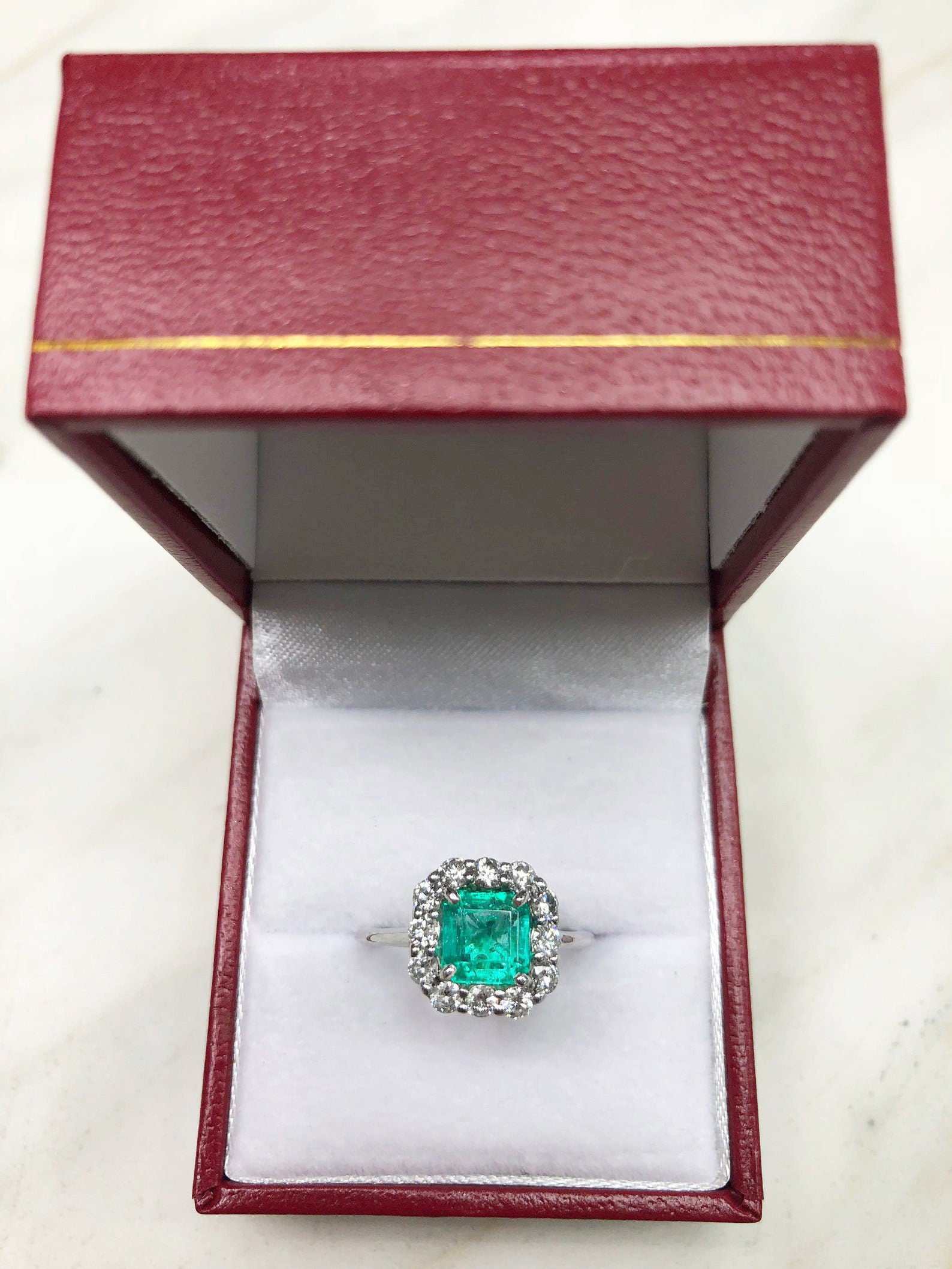 2.70tcw Asscher Cut Colombian Emerald & French Set Halo Engagement Ring 14K