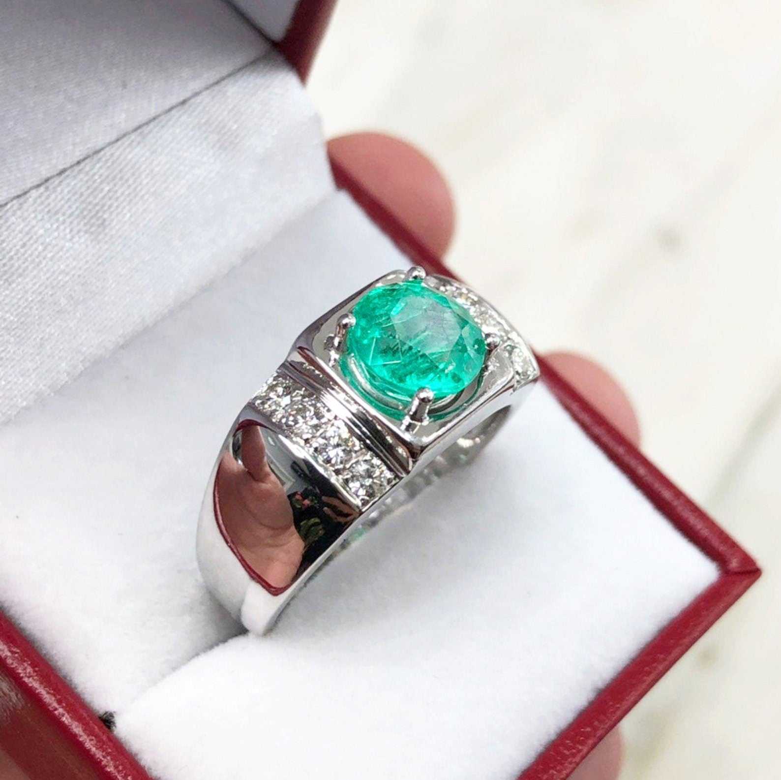 3.10tcw Cluster Mens Round Colombian Emerald & Diamond Men's Ring