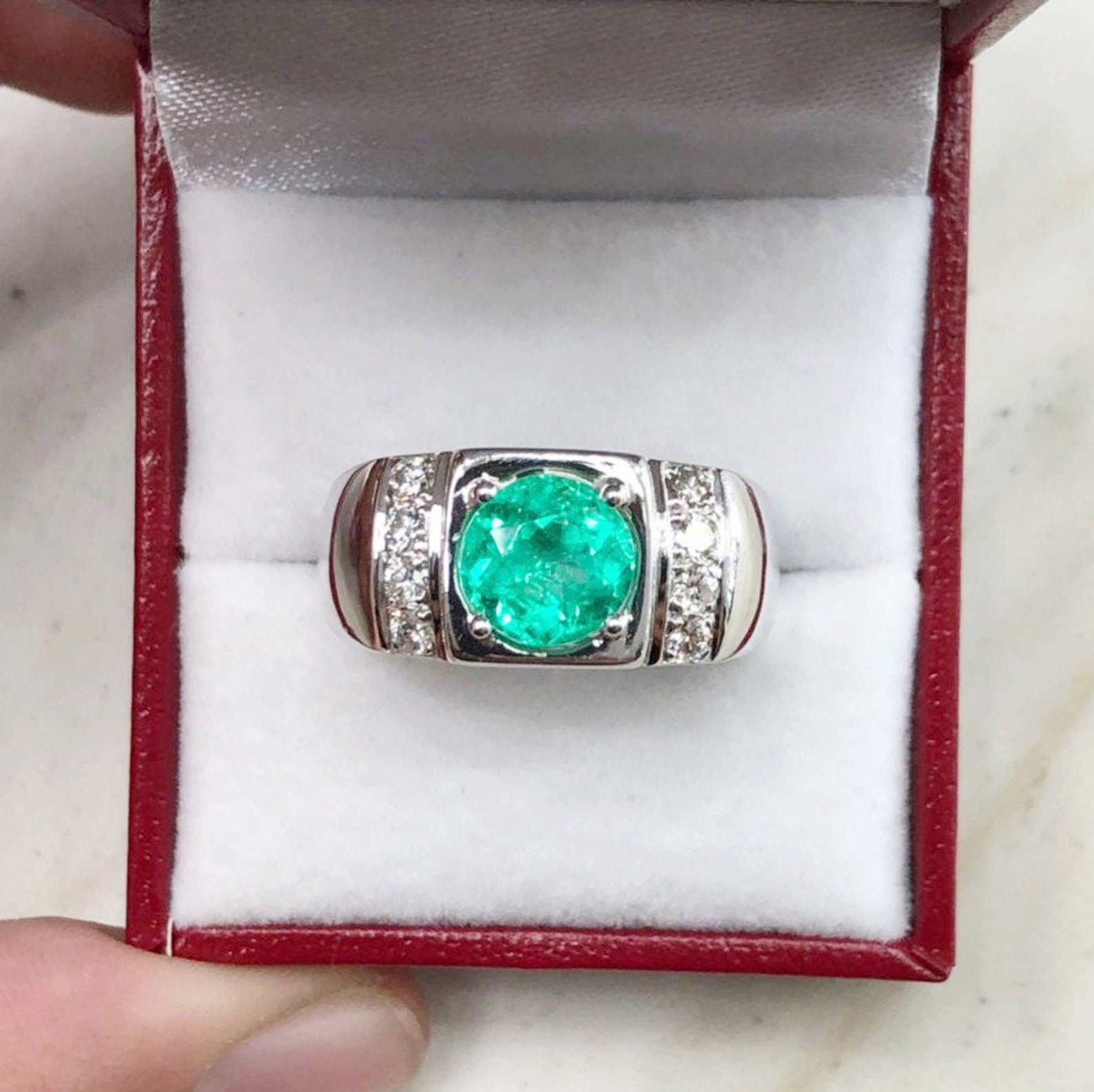 3.10tcw Cluster Mens Round Colombian Emerald & Diamond Men's Ring