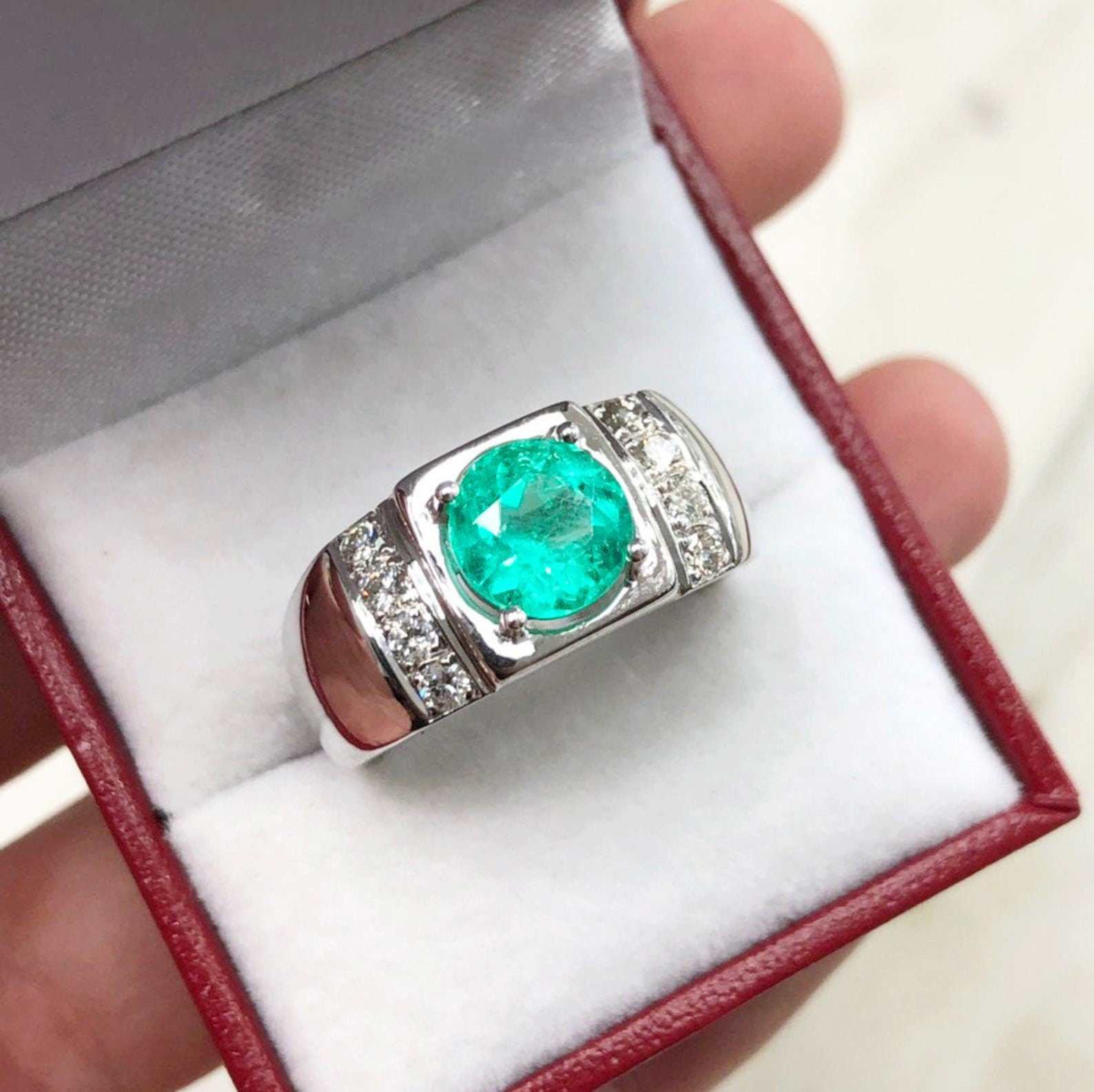 3.10tcw Cluster Mens Round Colombian Emerald & Diamond Men's Ring