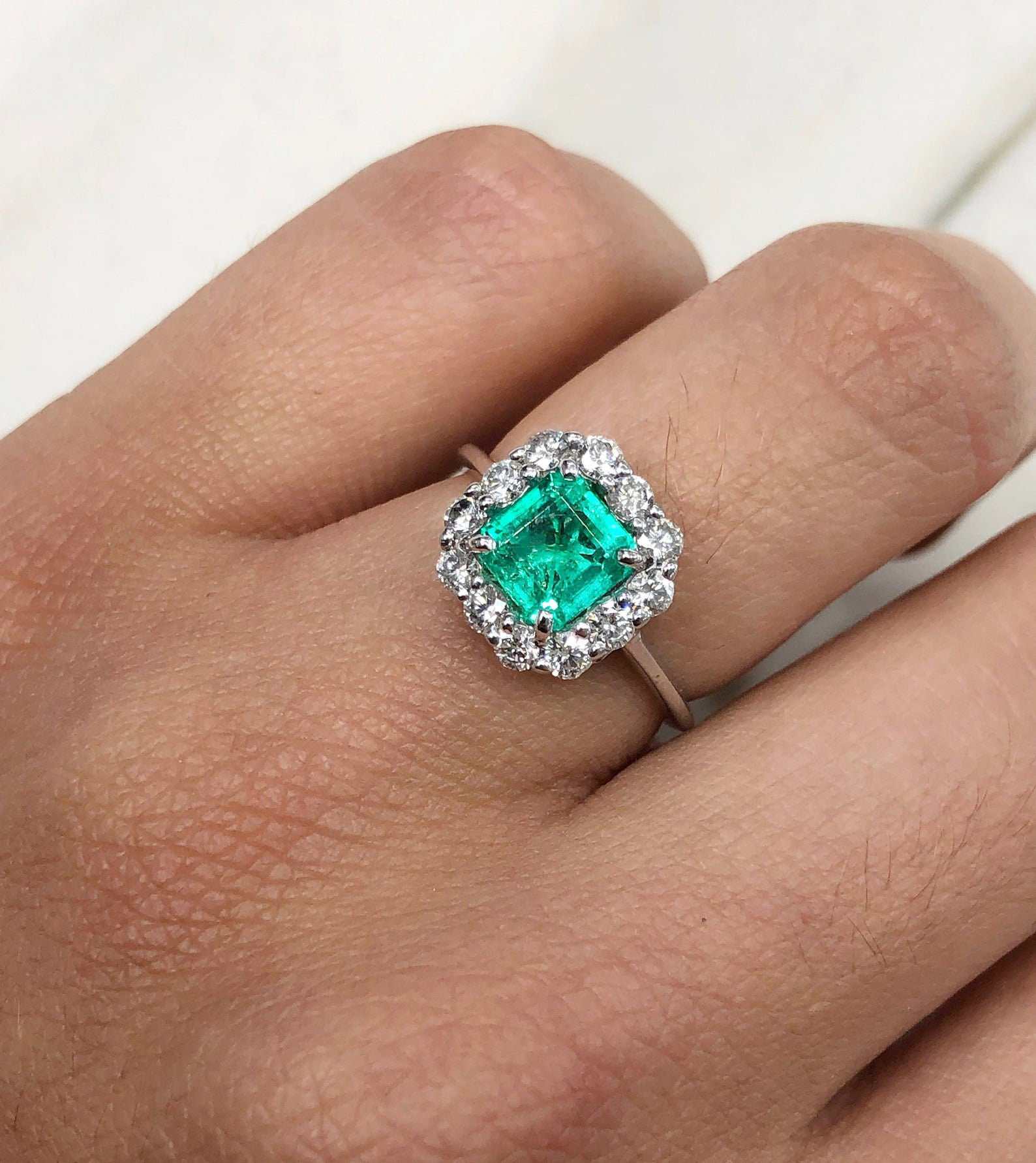 2.70tcw Asscher Cut Colombian Emerald & French Set Halo Engagement Ring 14K