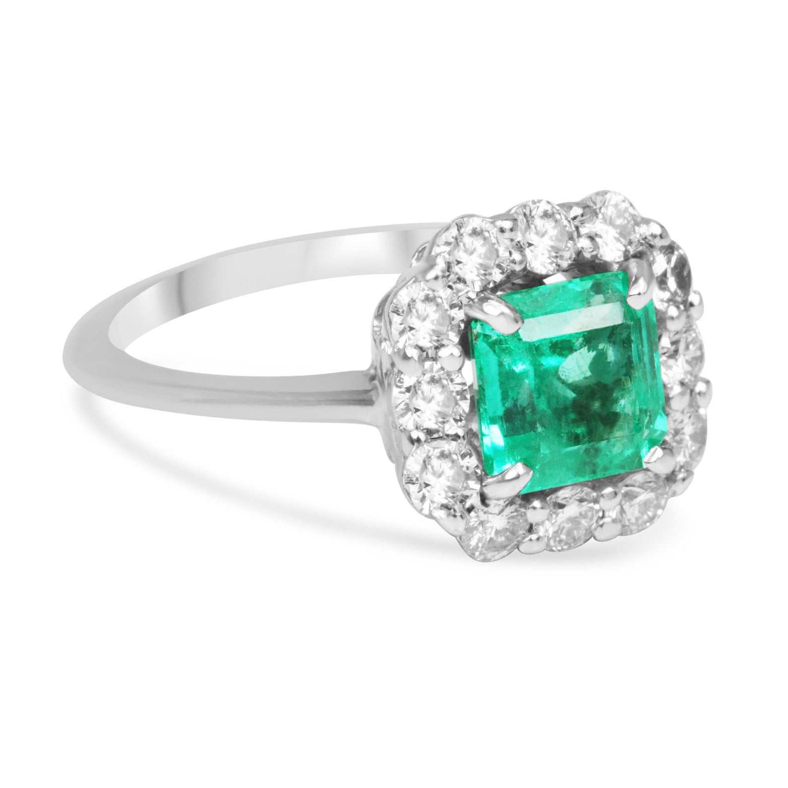 2.70tcw Asscher Cut Colombian Emerald & French Set Halo Engagement Ring 14K