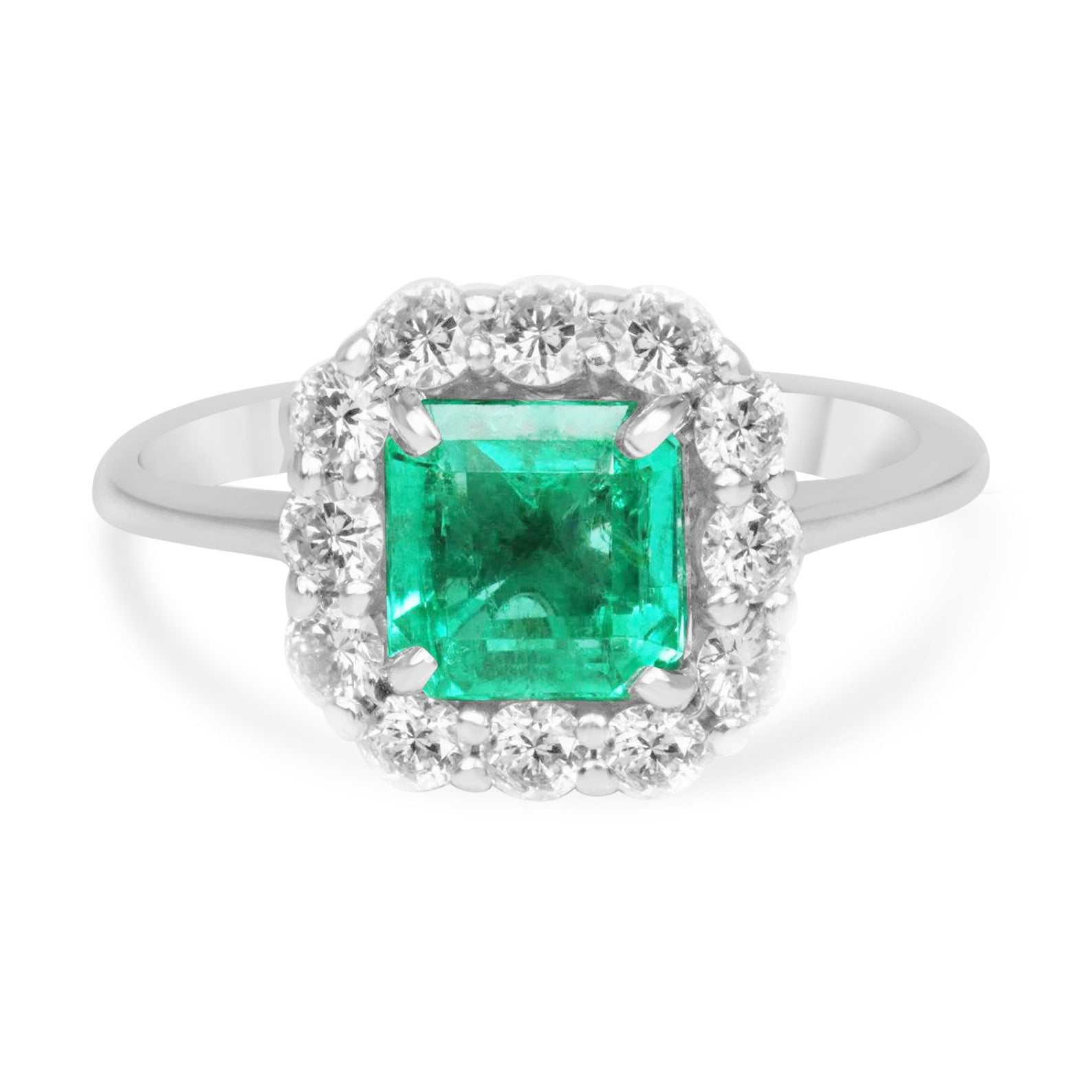 2.70tcw Asscher Cut Colombian Emerald & French Set Halo Engagement Ring 14K