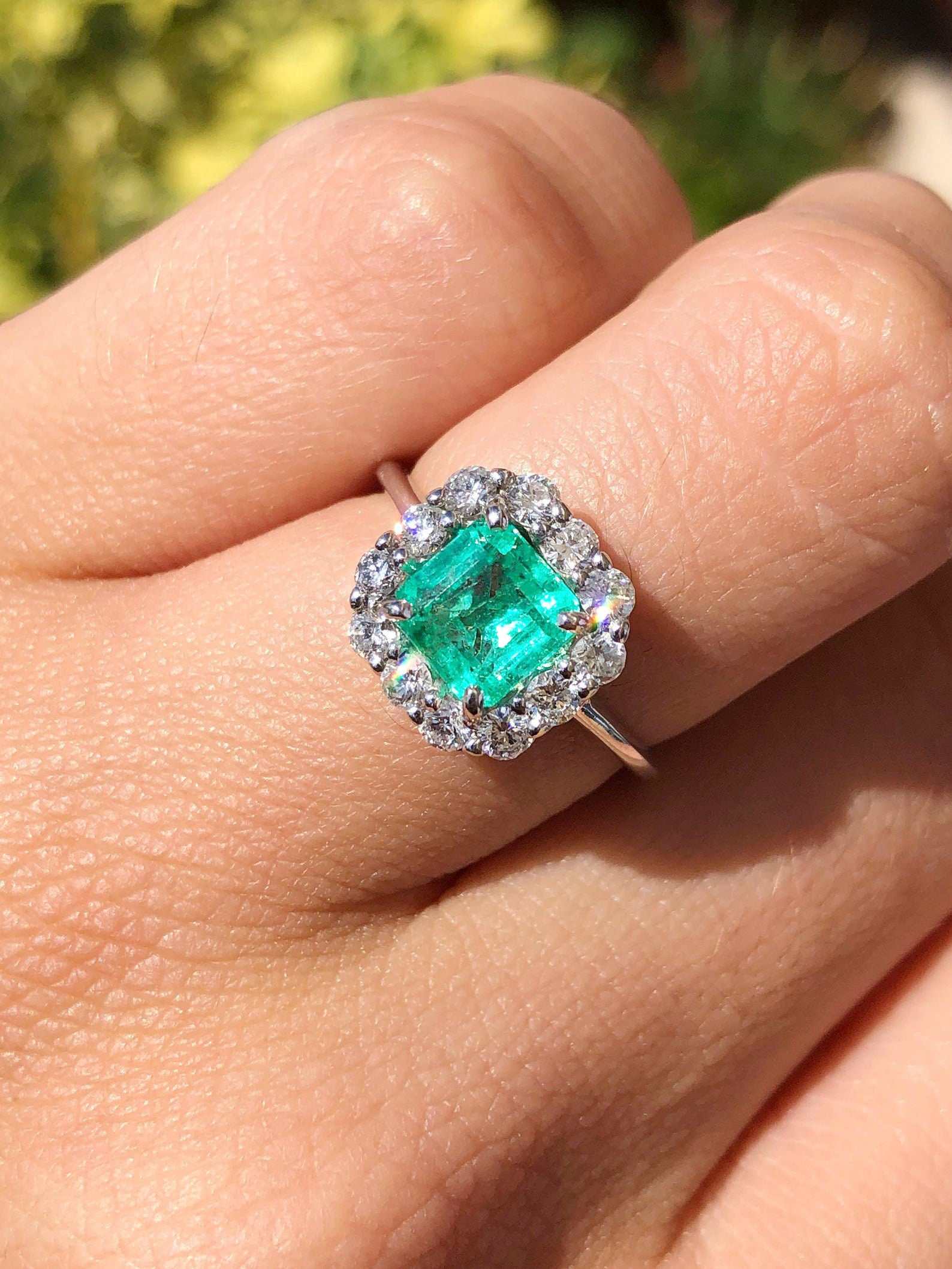 2.70tcw Asscher Cut Colombian Emerald & French Set Halo Engagement Ring 14K