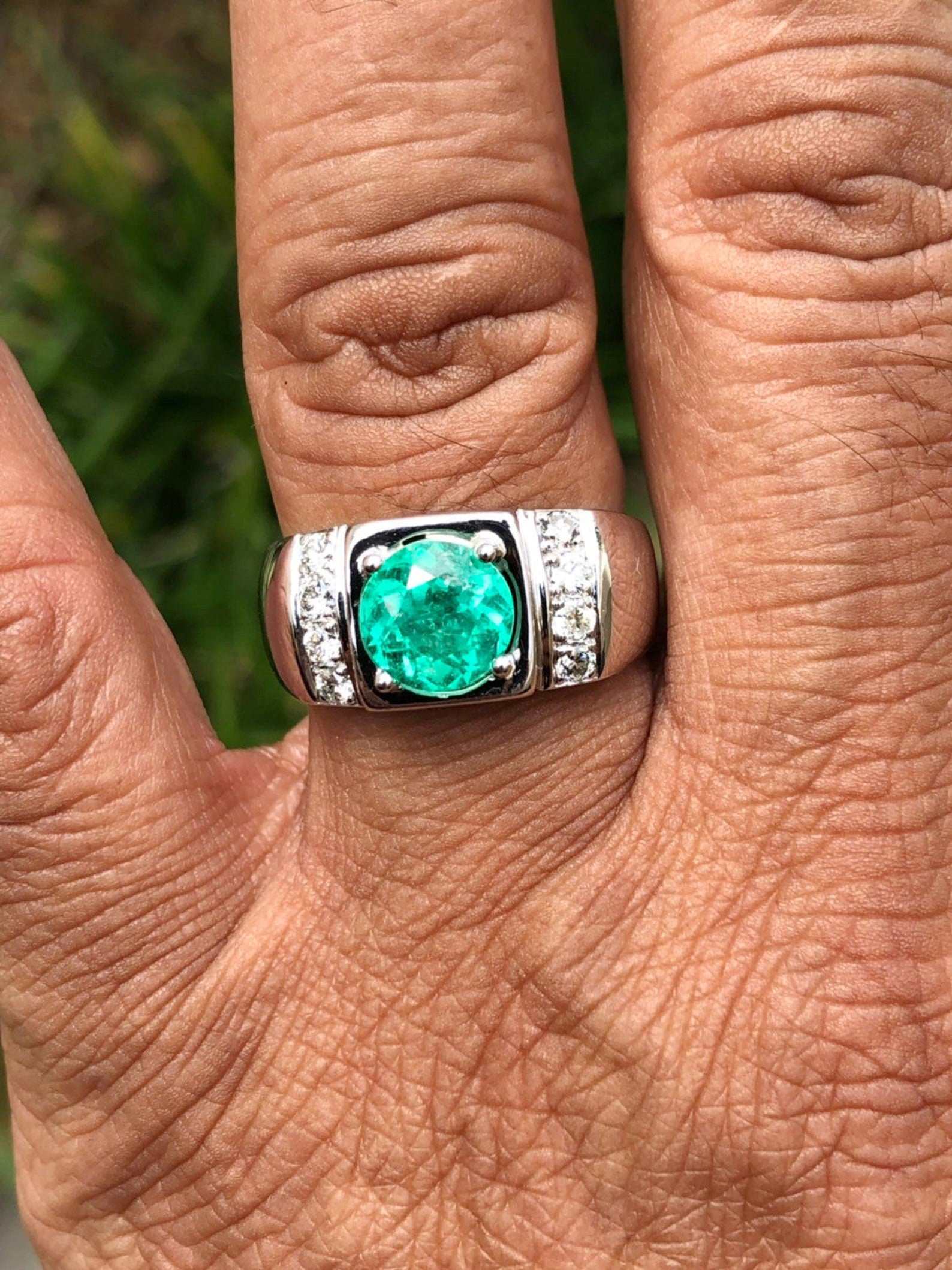 3.10tcw Cluster Mens Round Colombian Emerald & Diamond Men's Ring