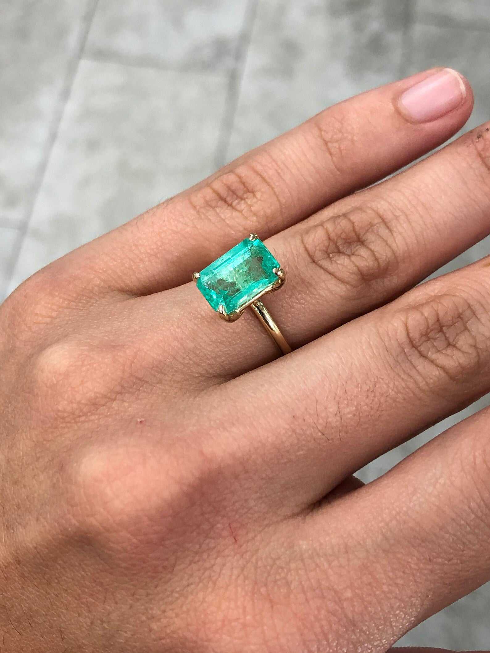 3.50 Carats Emerald Cut Colombian Emerald Solitaire Engagement Ring 14K