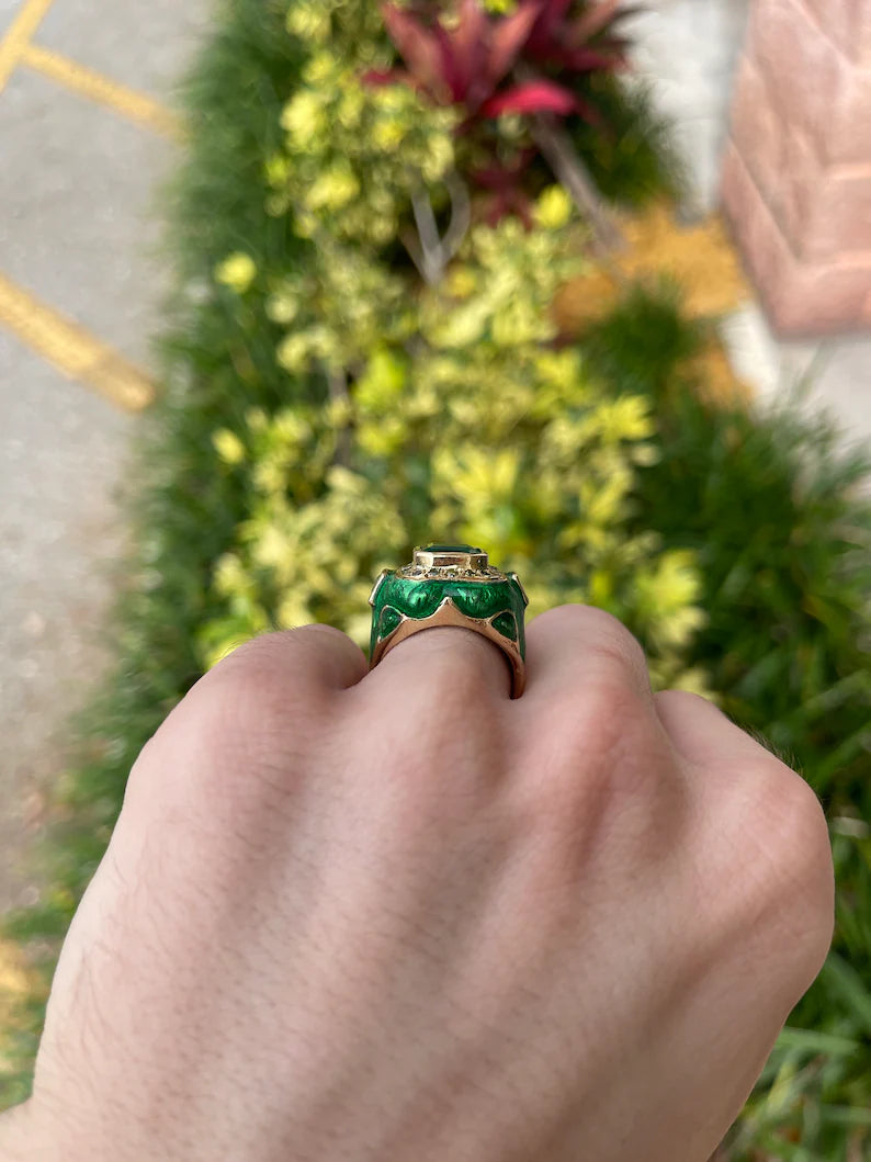 Men's Enamel Ring Featuring Colombian Emerald & Green Diamond in 14K Gold