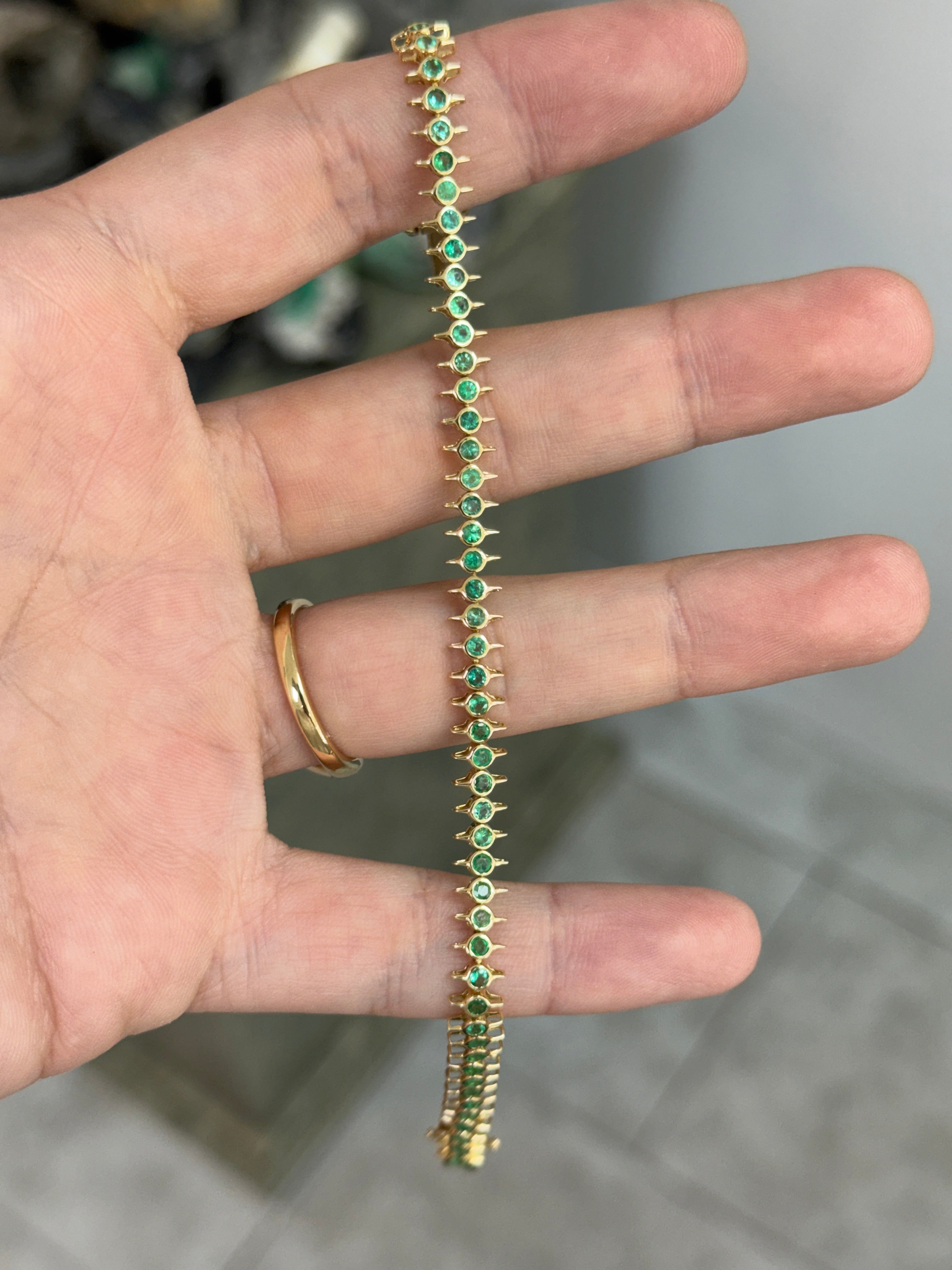2.15tcw Edgy Bezel Set Emerald Tennis Bracelet 14K- 7 Inches