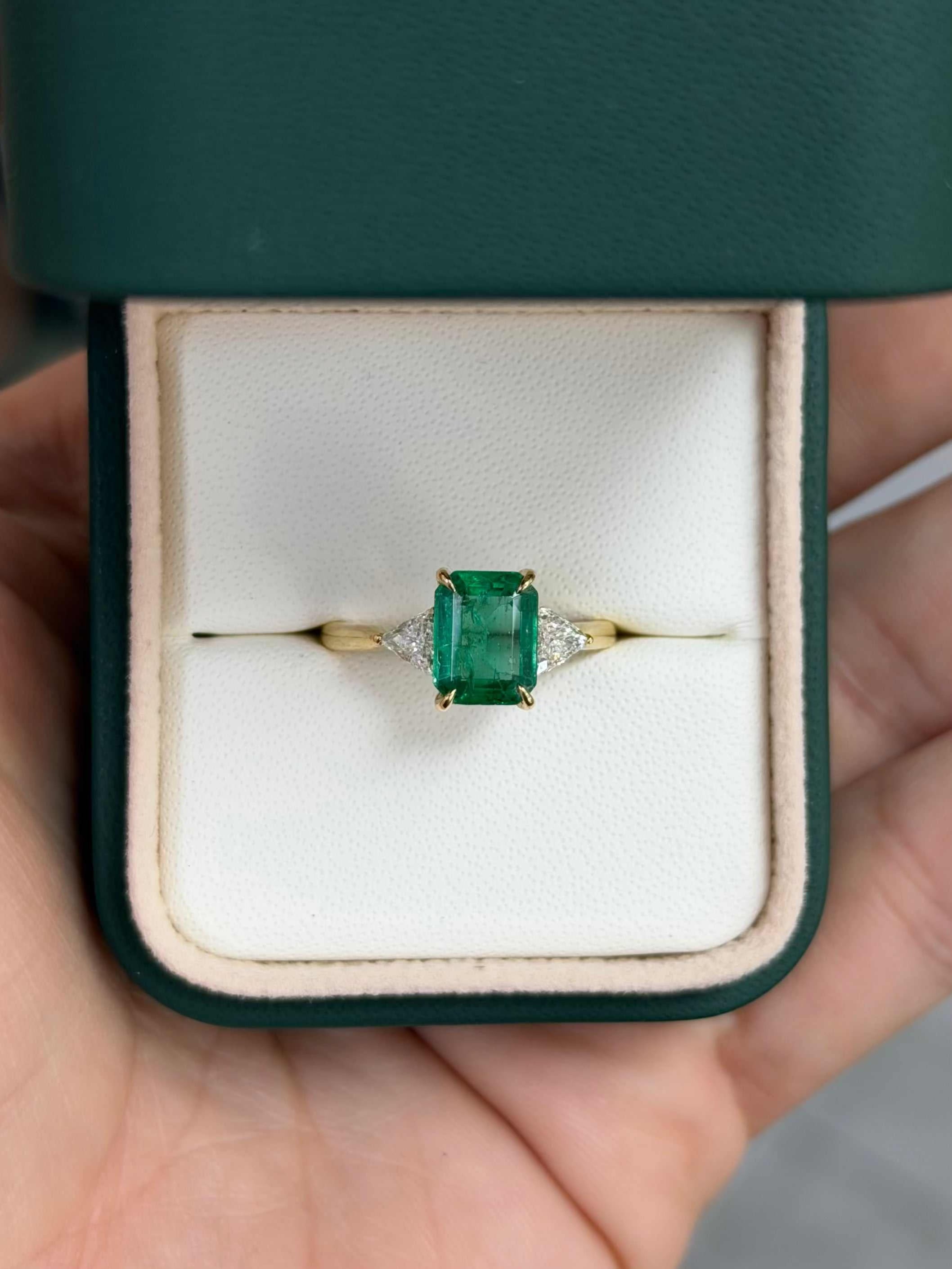 2.45tcw 18K Emerald Cut Emerald & Trillion Cut Diamond 3 Stone Prong Gold Ring