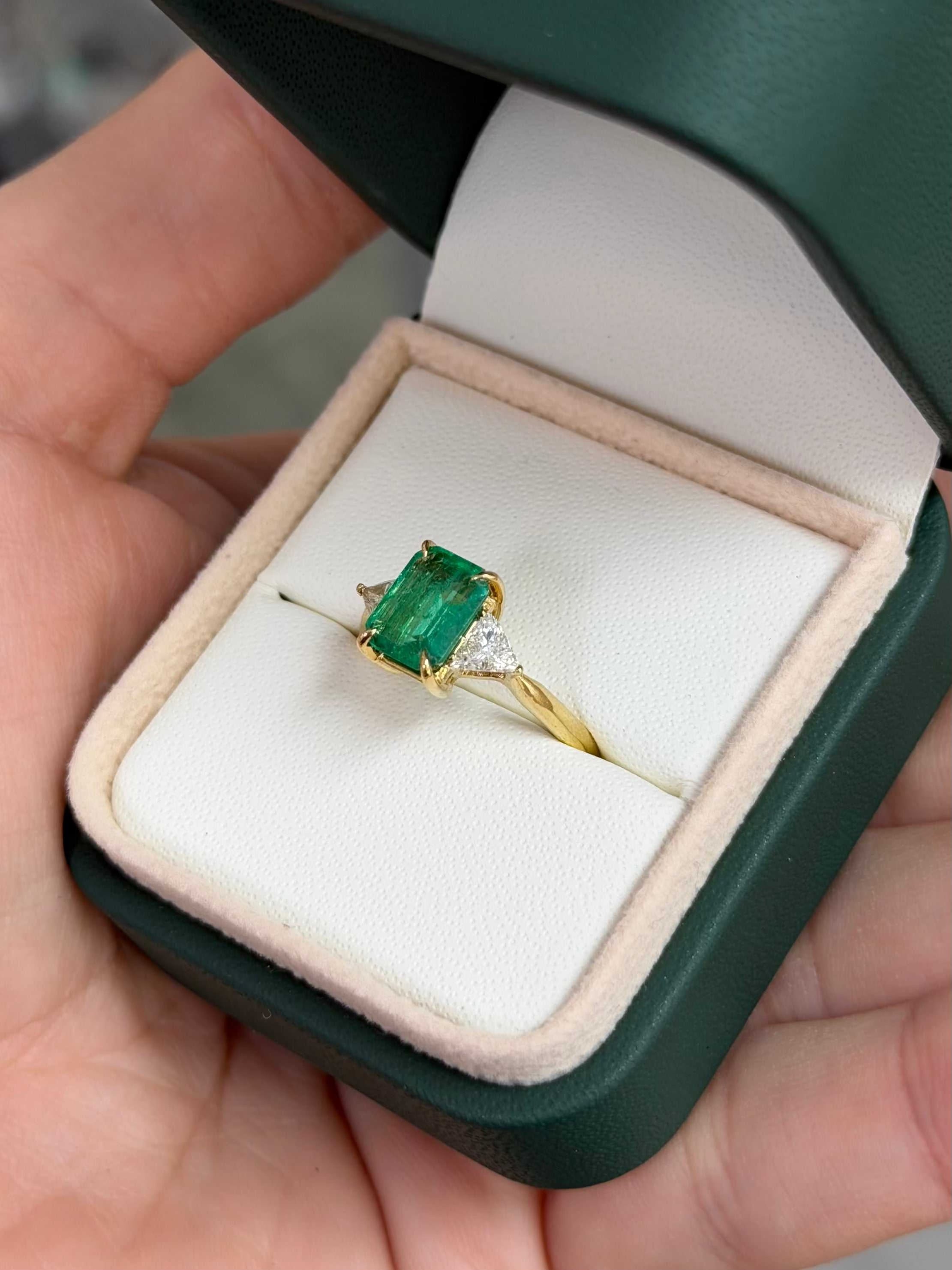 2.45tcw 18K Emerald Cut Emerald & Trillion Cut Diamond 3 Stone Prong Gold Ring