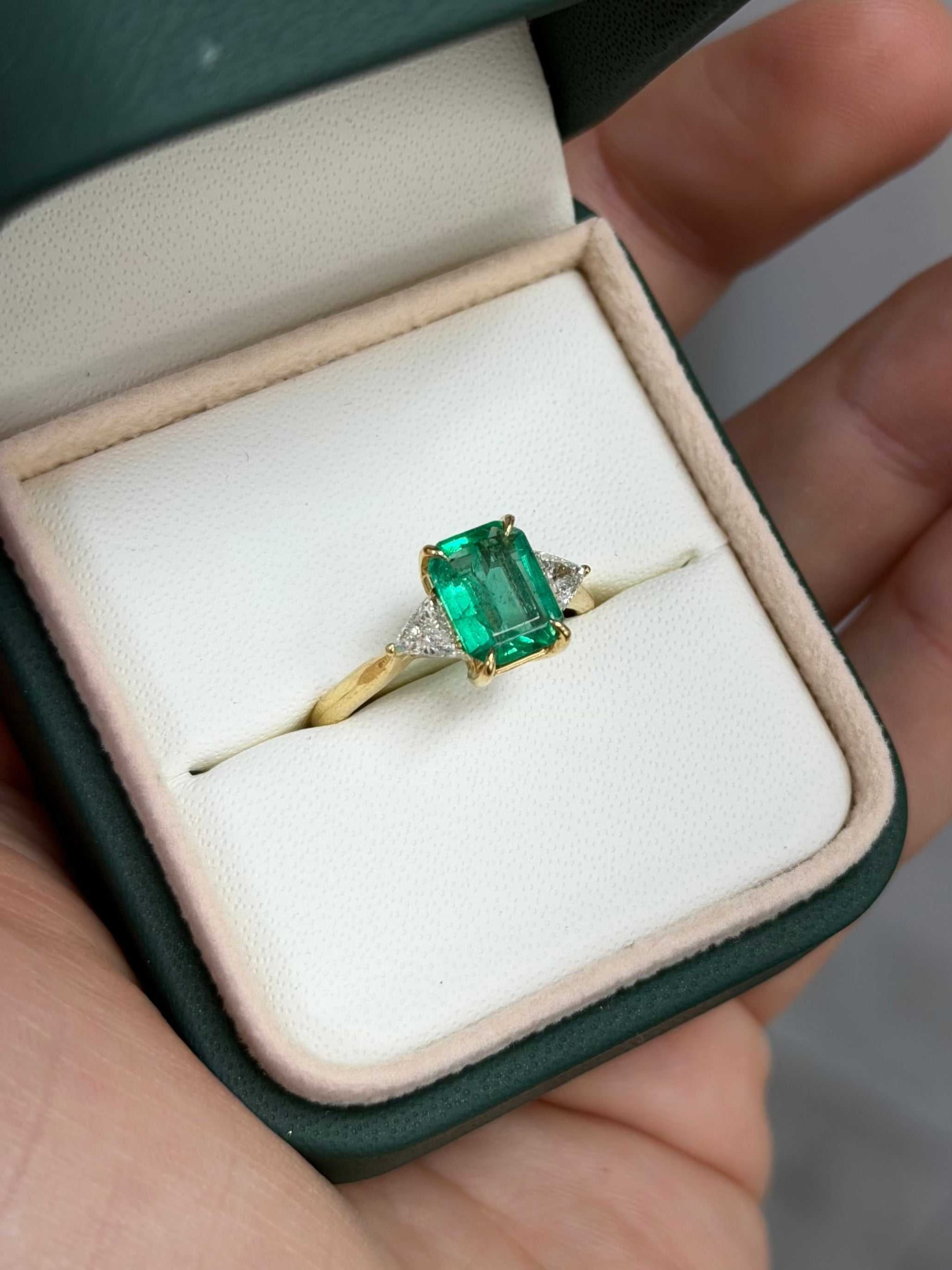 2.45tcw 18K Emerald Cut Emerald & Trillion Cut Diamond 3 Stone Prong Gold Ring