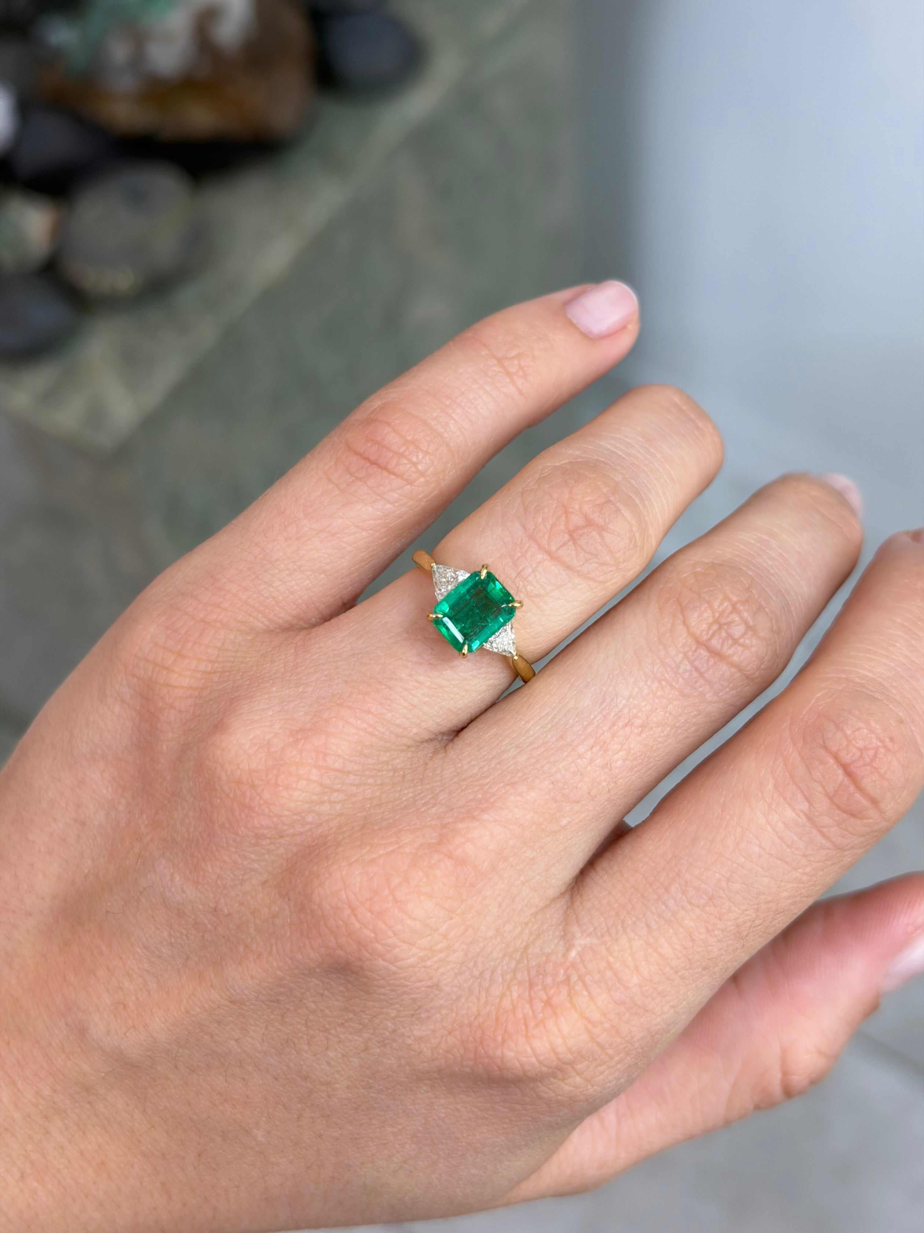 2.45tcw 18K Emerald Cut Emerald & Trillion Cut Diamond 3 Stone Prong Gold Ring