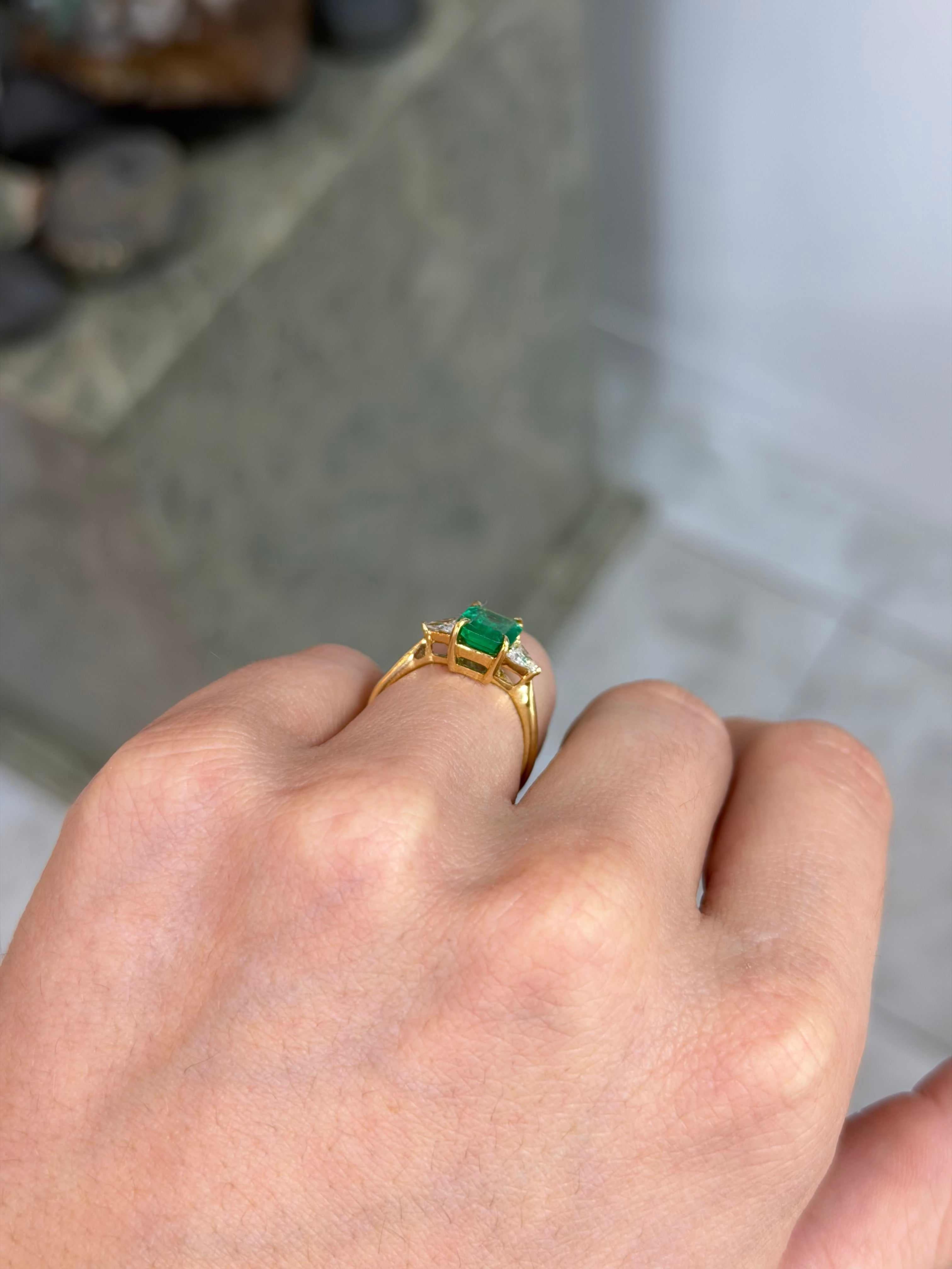 2.45tcw 18K Emerald Cut Emerald & Trillion Cut Diamond 3 Stone Prong Gold Ring