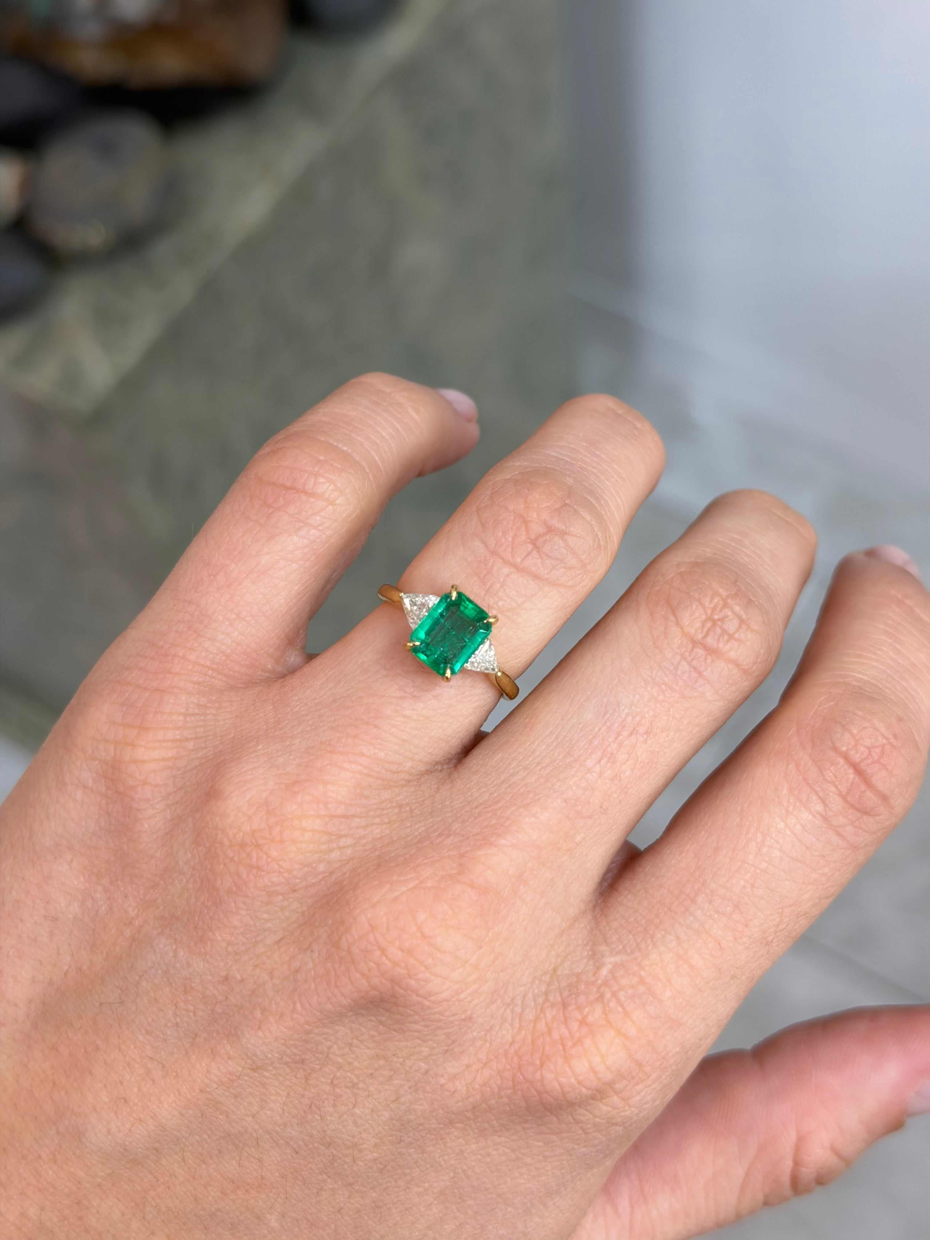 2.45tcw 18K Emerald Cut Emerald & Trillion Cut Diamond 3 Stone Prong Gold Ring