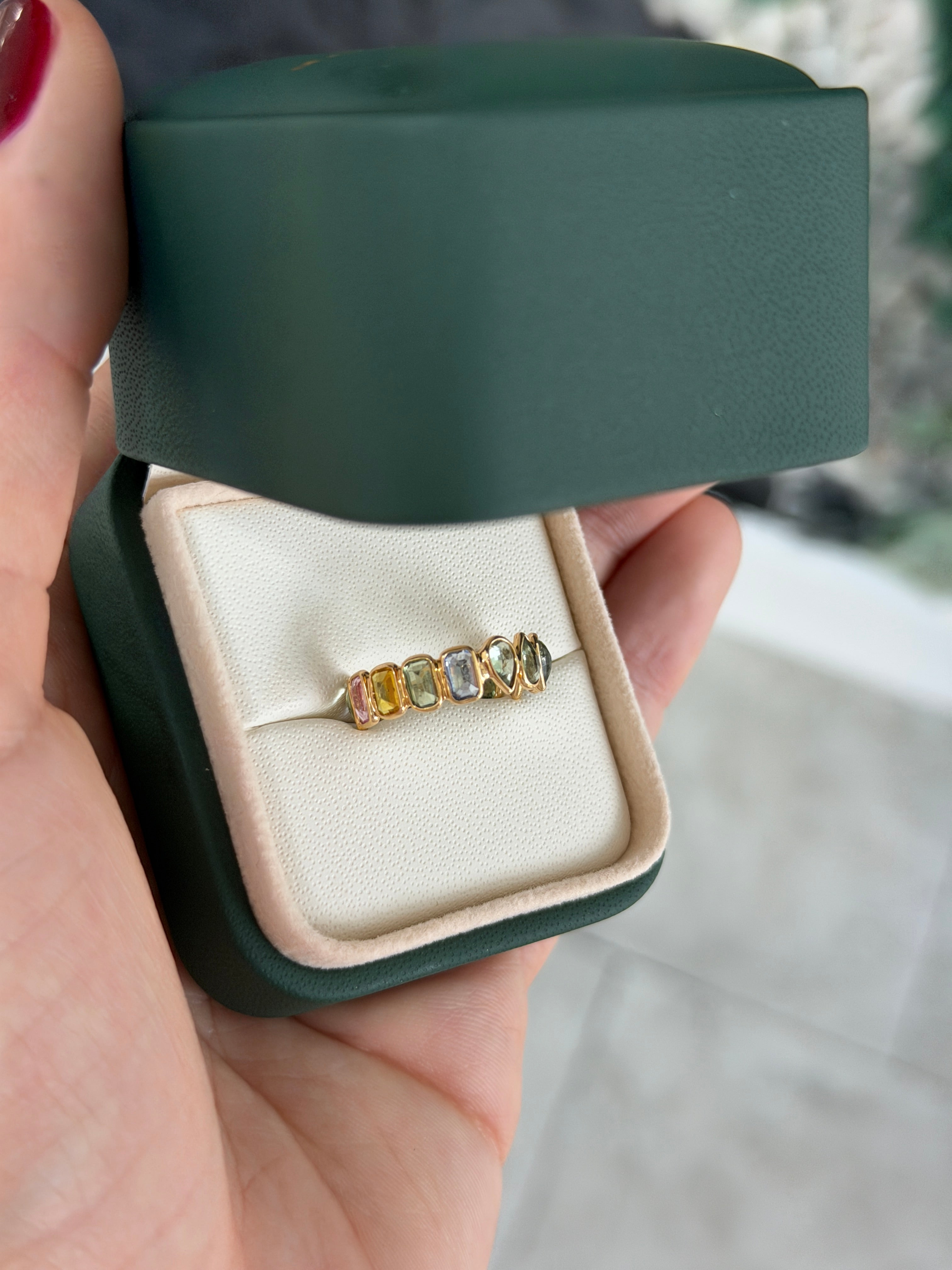 Pastel rainbow sapphire eternity band in 18K gold with inverted sapphires, size 6.5, by JR Colombian Emeralds.