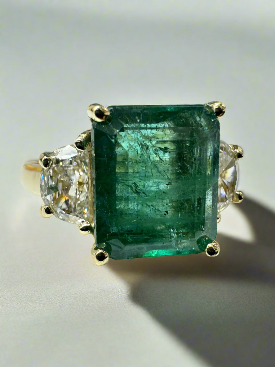 4.88tcw Natural Emerald & Lab Half Moon Diamond 14K Three Stone Ring