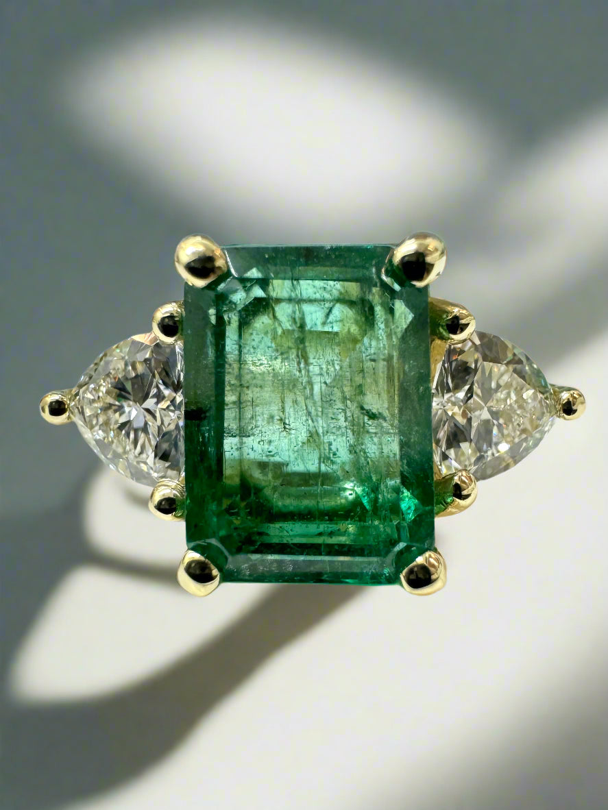 3.15tcw Natural Emerald & Lab Trillion Cut Diamond 14K Three Stone Ring