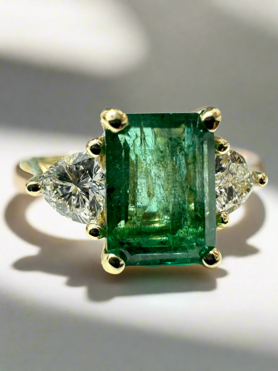 3.15tcw Natural Emerald & Lab Trillion Cut Diamond 14K Three Stone Ring