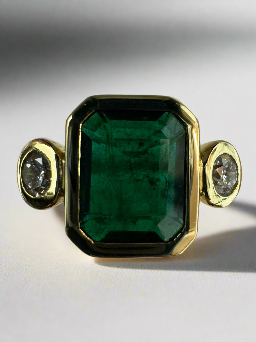 4.58tcw Bezel Set Natural Dark Emerald & Round Diamond 18K Three Stone Ring