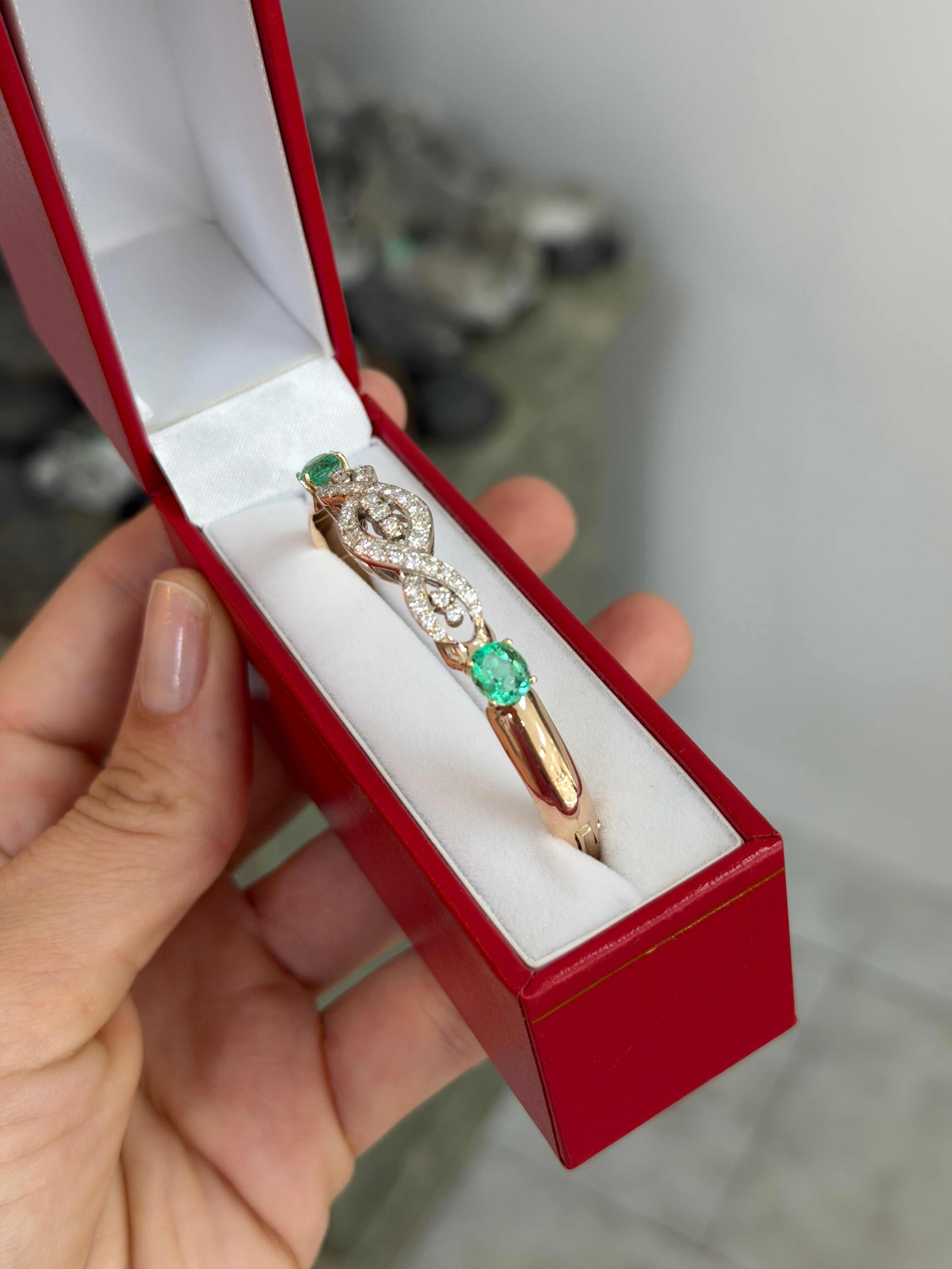 2.85tcw Round Diamond & Natural Oval Emerald Bangle Bracelet 14K - JR Colombian Emeralds