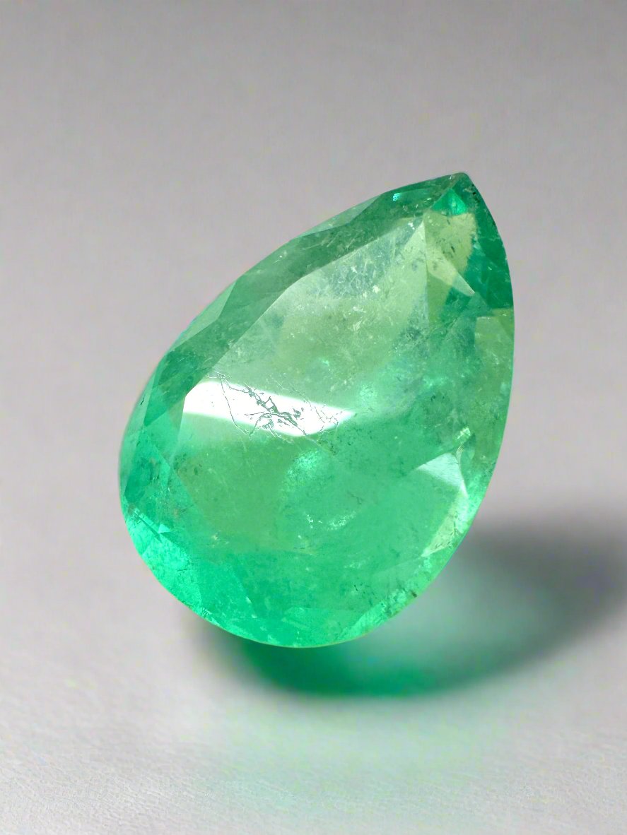 5.21 carat 14x10 Pastel Limish Green Natural Loose Colombian Emerald-Pear Cut - JR Colombian Emeralds